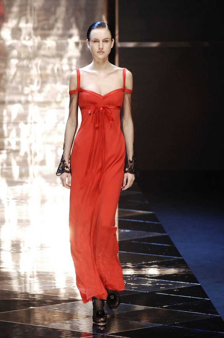Valentino AutumnWinter 2005 red evening dress with embellished sleeves