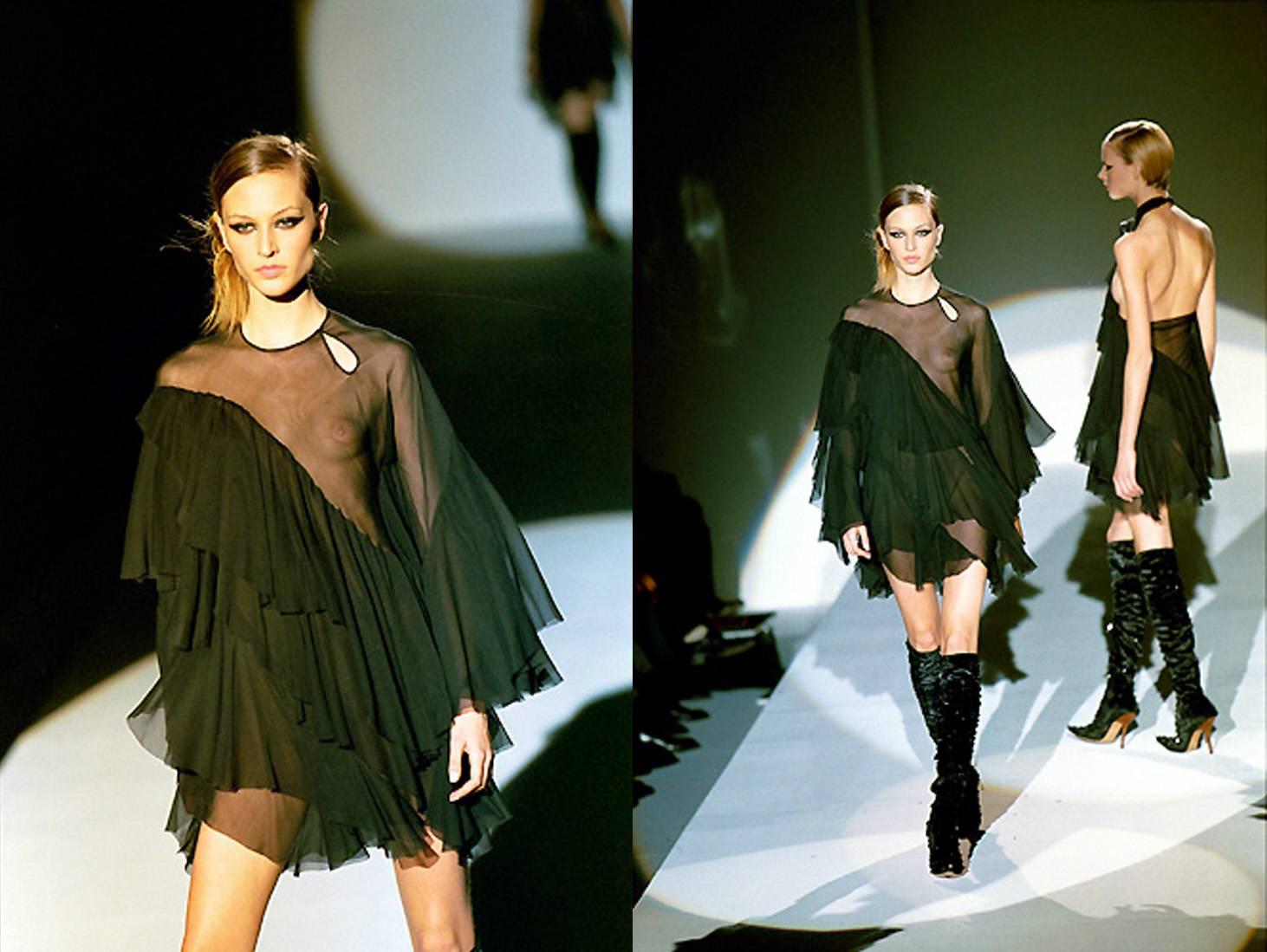 Tom Ford for Gucci Autumn-Winter 1999 black silk georgette bias cut mini dress with teardrop opening