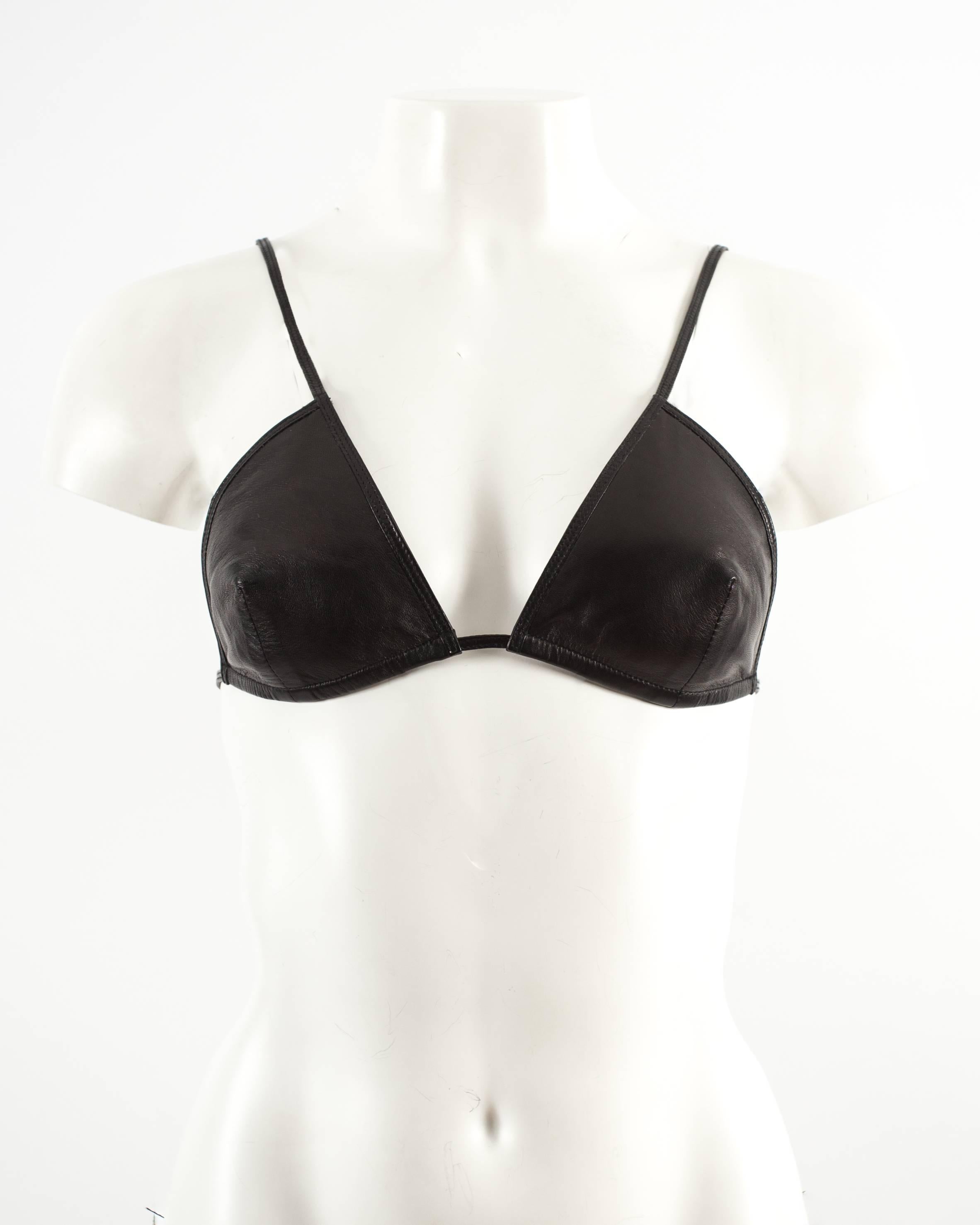 Tom Ford for Gucci Spring-Summer 1998 black lambskin leather bra with silver 'G' metal clasp

