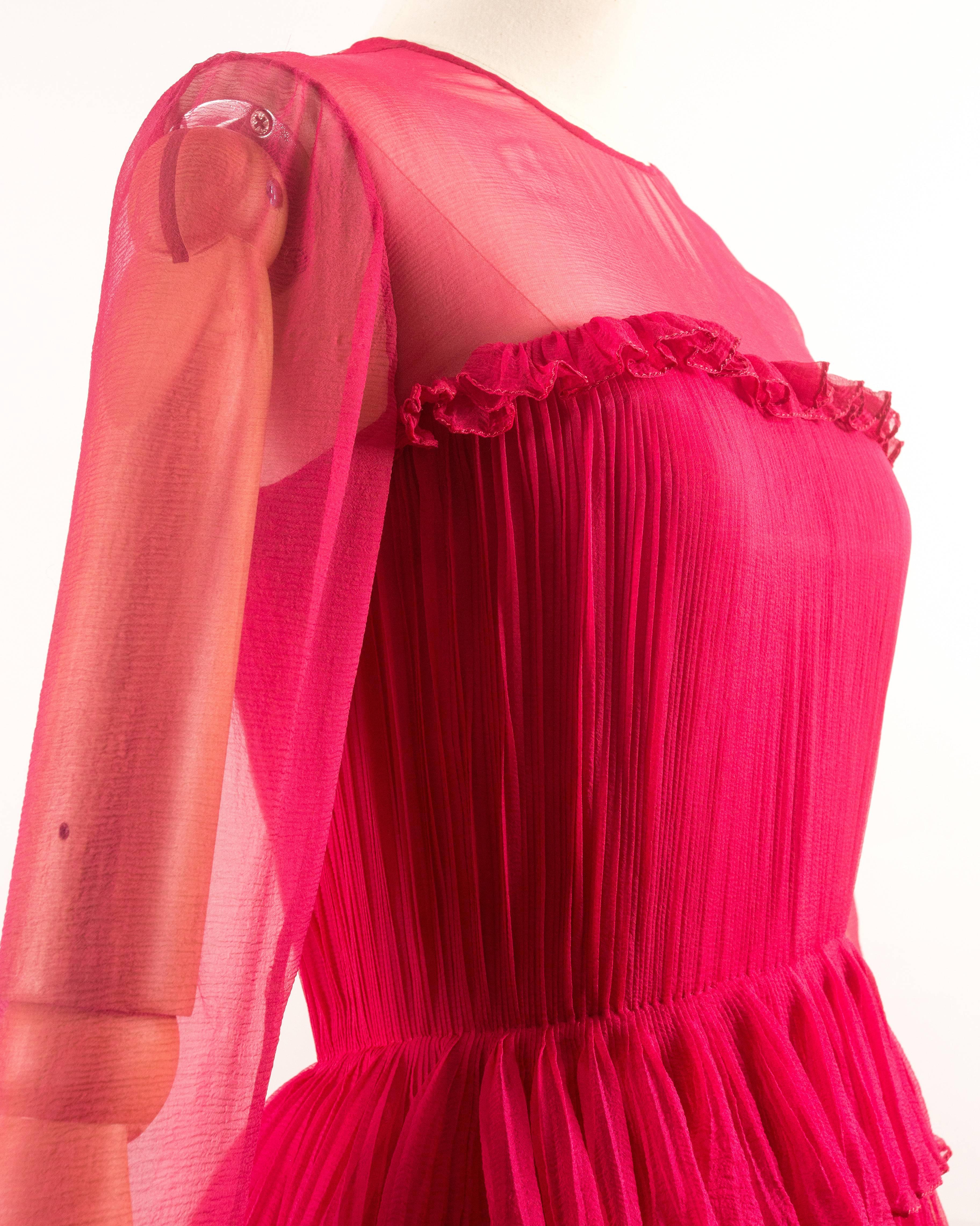 Red Chanel Haute Couture silk fuchsia pleated evening dress, Spring-Summer 1973 