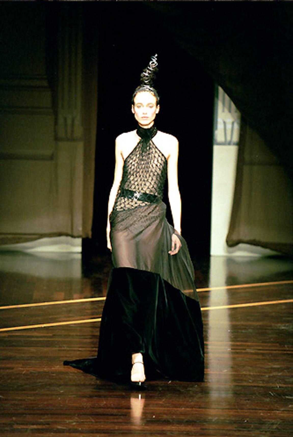 Gianfranco Ferre Autumn-Winter 1999 halter neck evening gown with velvet train, net bodice and black sequins 