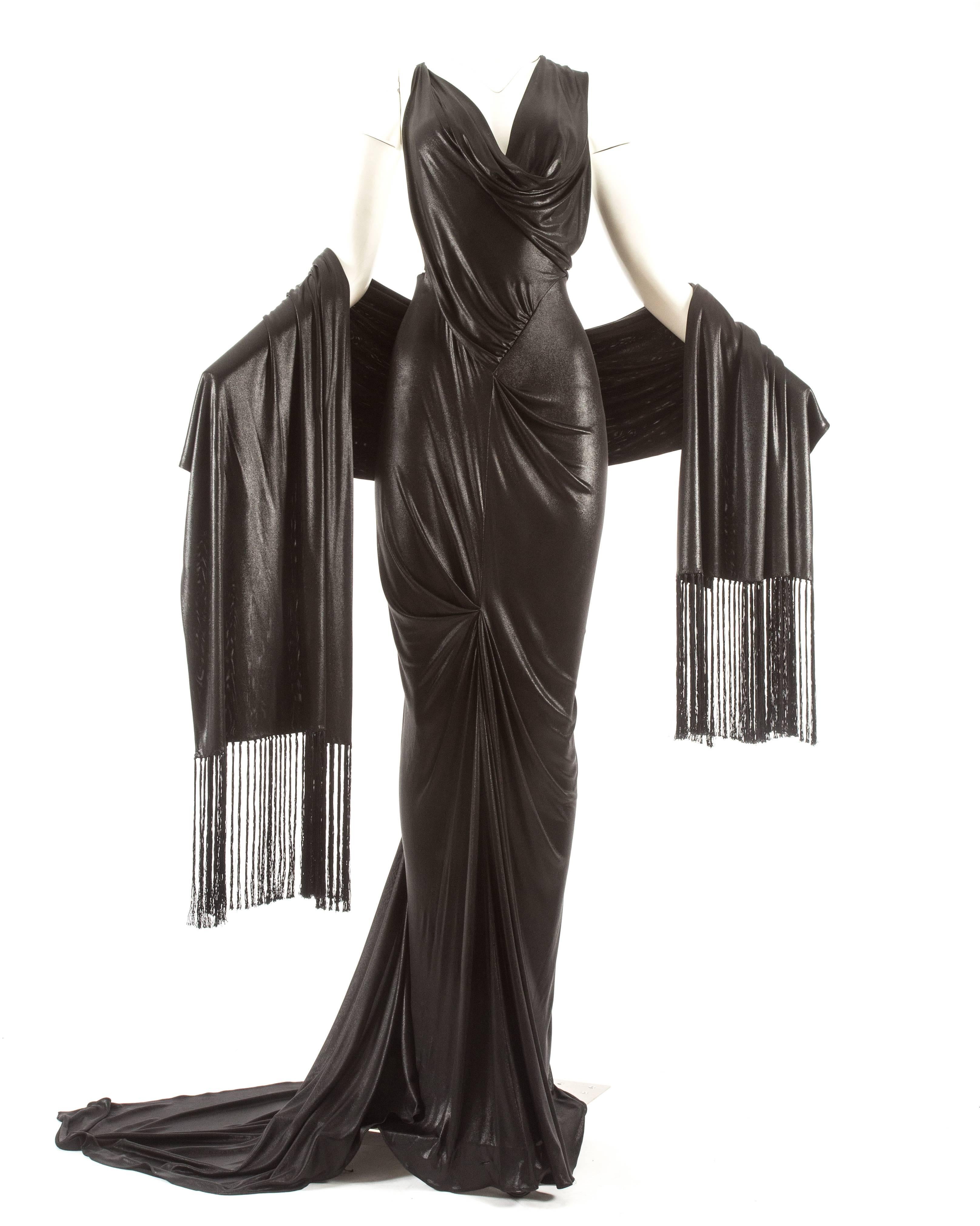 John Galliano backless black evening gown with fringed shawl  3