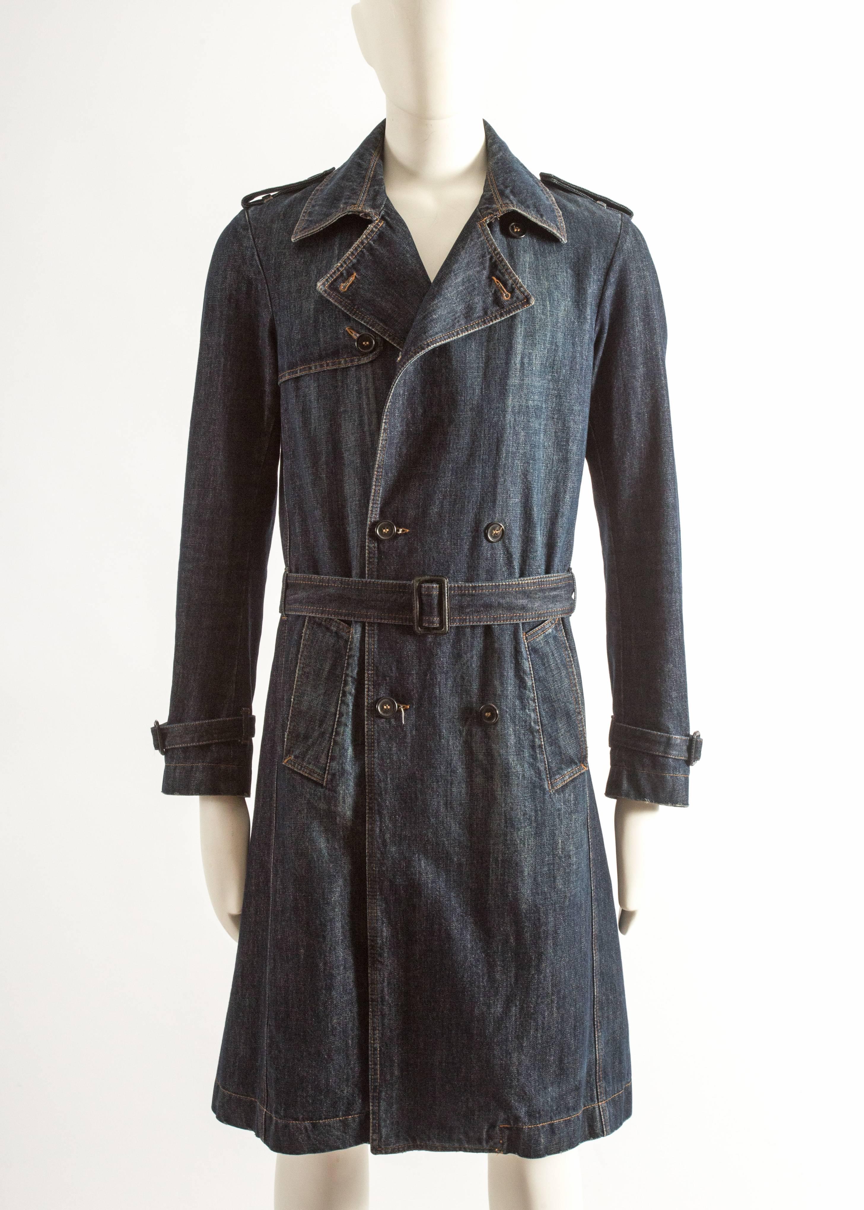 Alexander McQueen Men's blue denim trench coat In Good Condition For Sale In London, GB