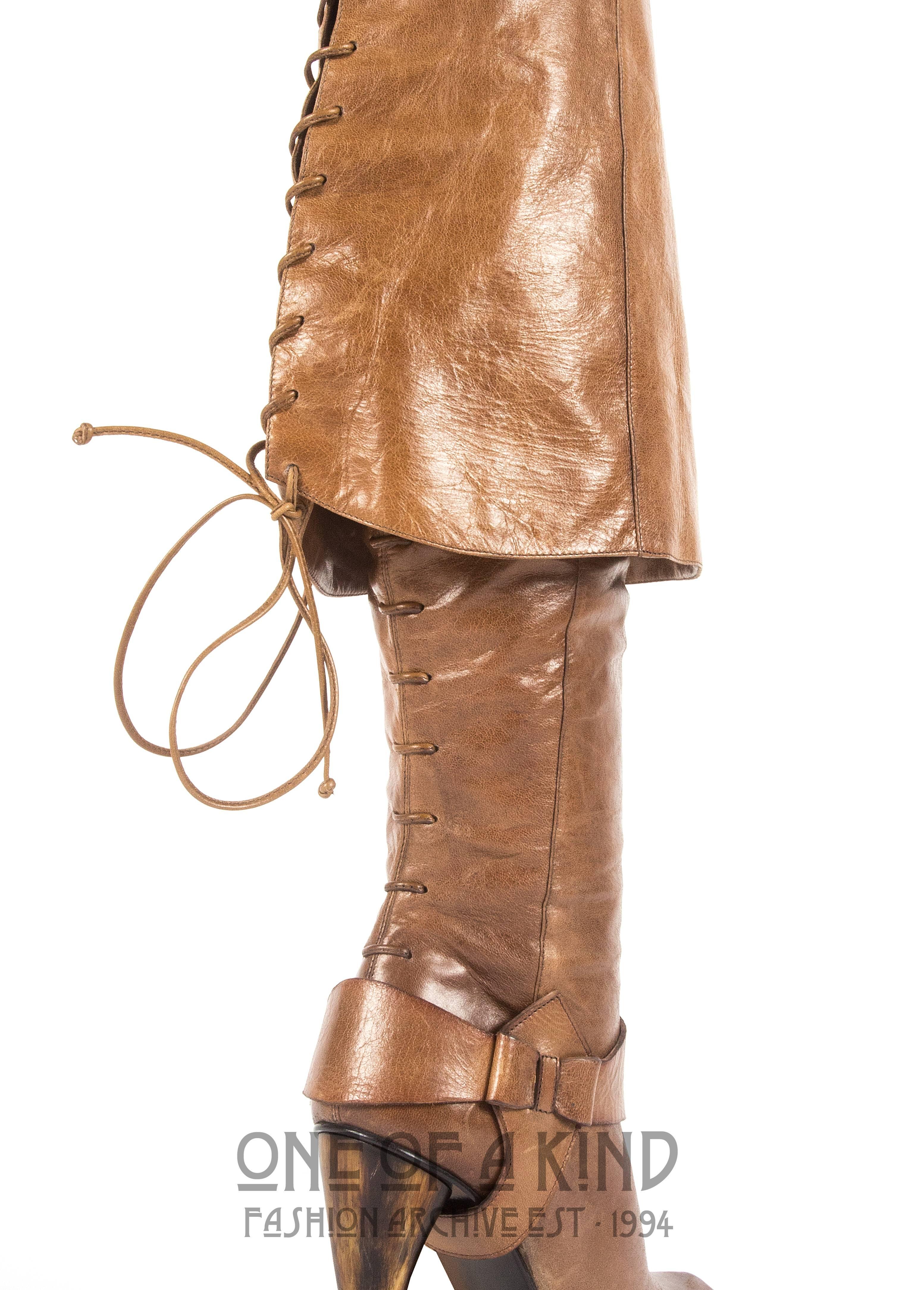 Alexander McQueen Spring-Summer 2003 tan leather turn over boots with horn heel In Excellent Condition In London, GB