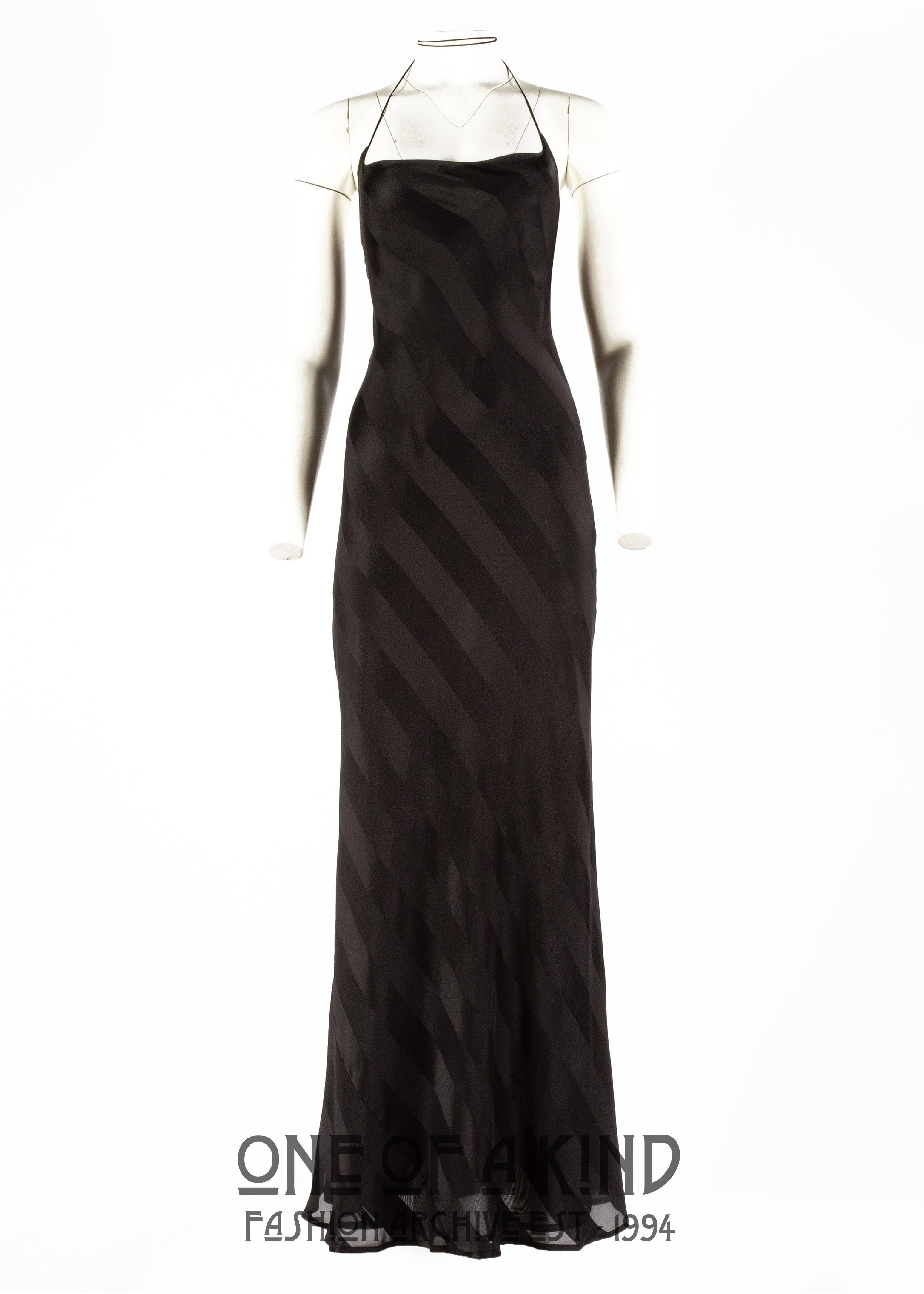 Dolce & Gabbana 1990s black rayon striped halter neck evening dress