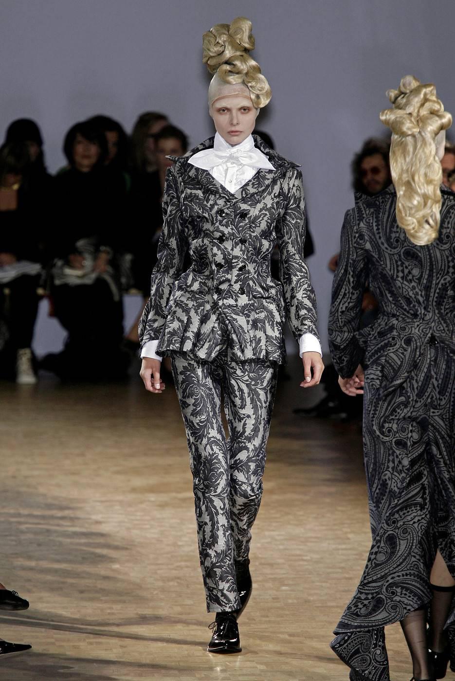 Junya Watanabe Spring-Summer 2007 jacquard denim tailored skinny pant suit with black silk cummerbund attached to pants