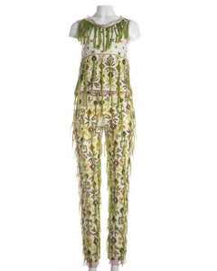 Fendi embroidered cotton pant suit fringed with silk thread, S / S 2000