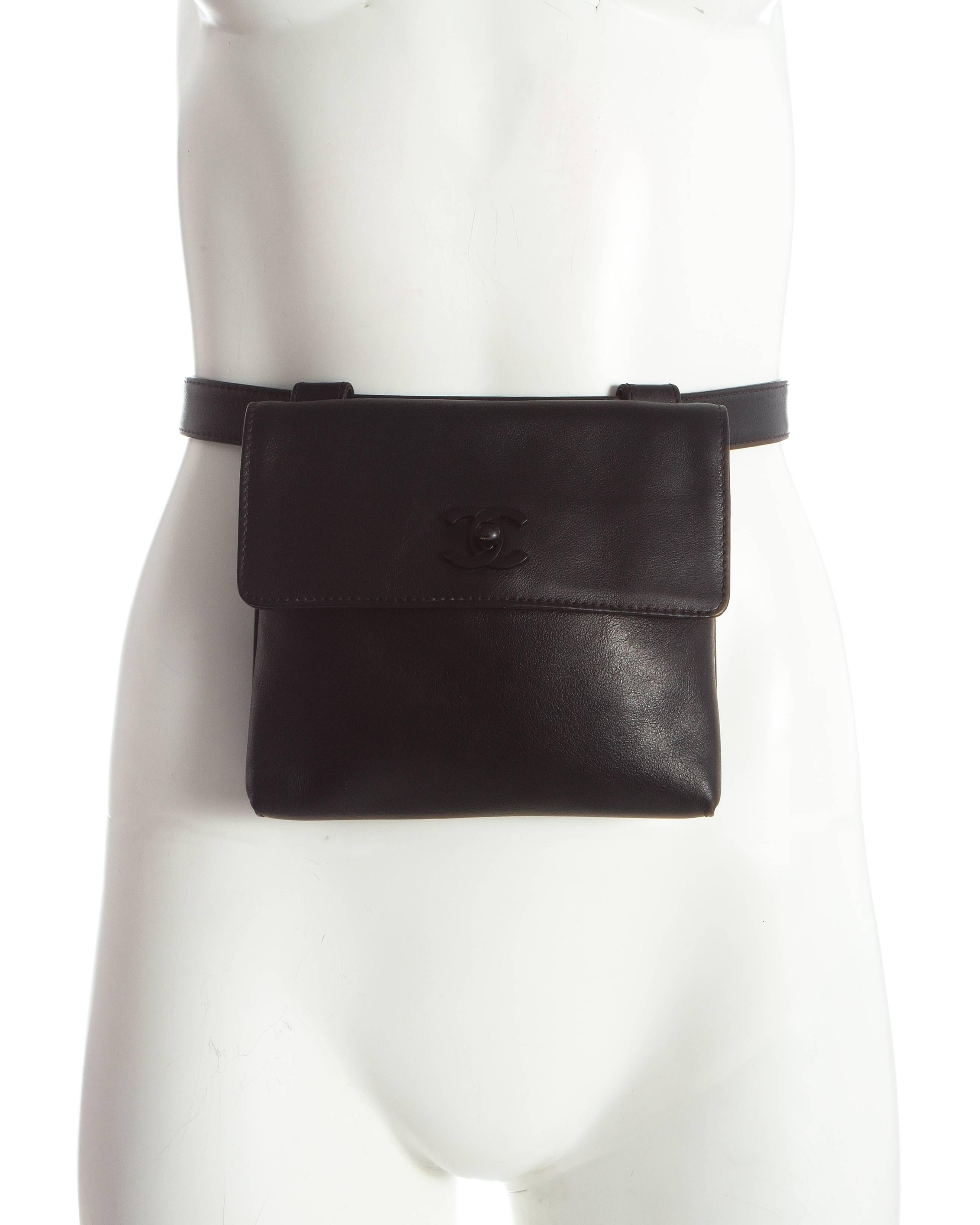 Black Chanel black leather flap bag with adjustable waist belt, c. 1999