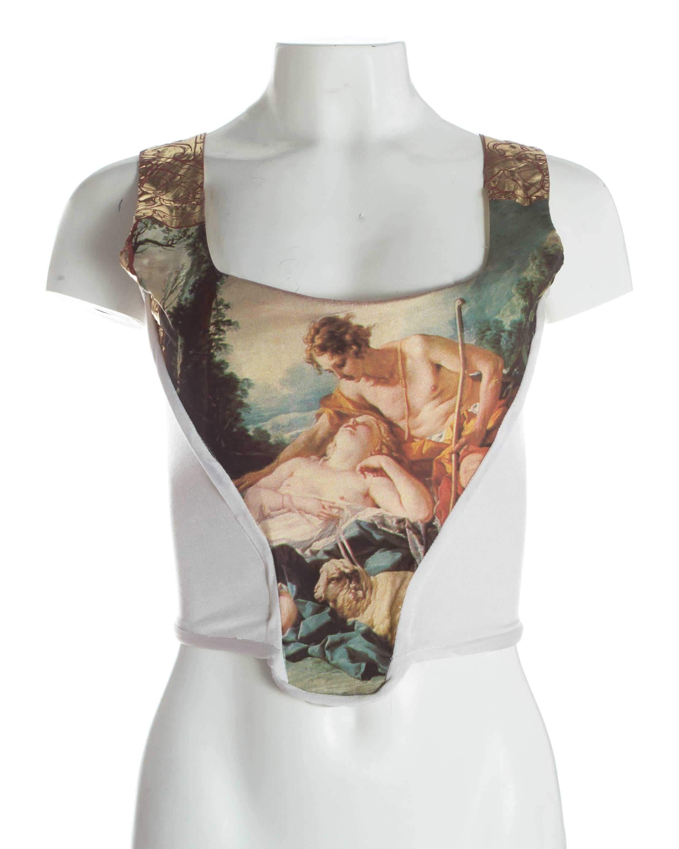 - Front bust panel printed with François Boucher's oil painting 'Daphnis and Chloe' c. 1743
- Internal boning 
- Zip fastening at centre back seam 

Autumn-Winter 1990 