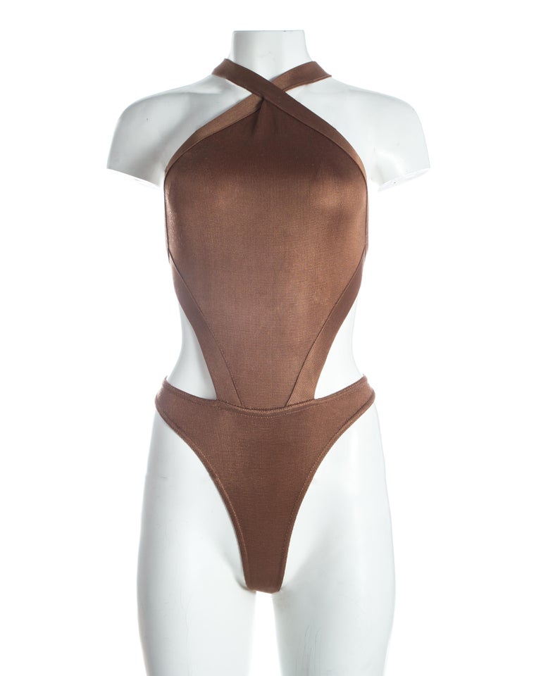 Azzedine Alaia bronze acetate knit bodysuit and lace up skirt ensemble, S/S 1986 at 1stDibs