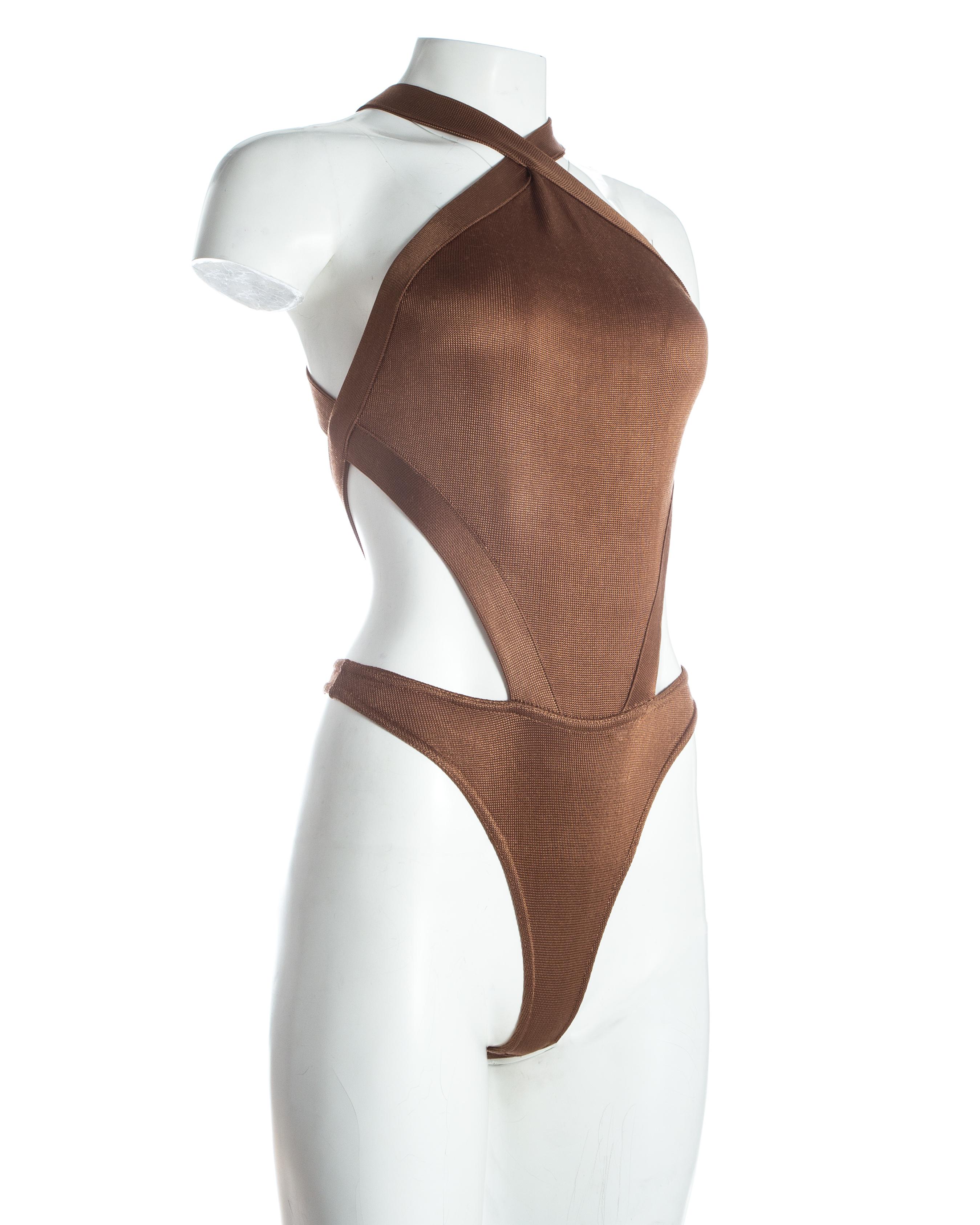 Azzedine Alaia bronze acetate knit bodysuit and lace up skirt ensemble, S/S 1986 8