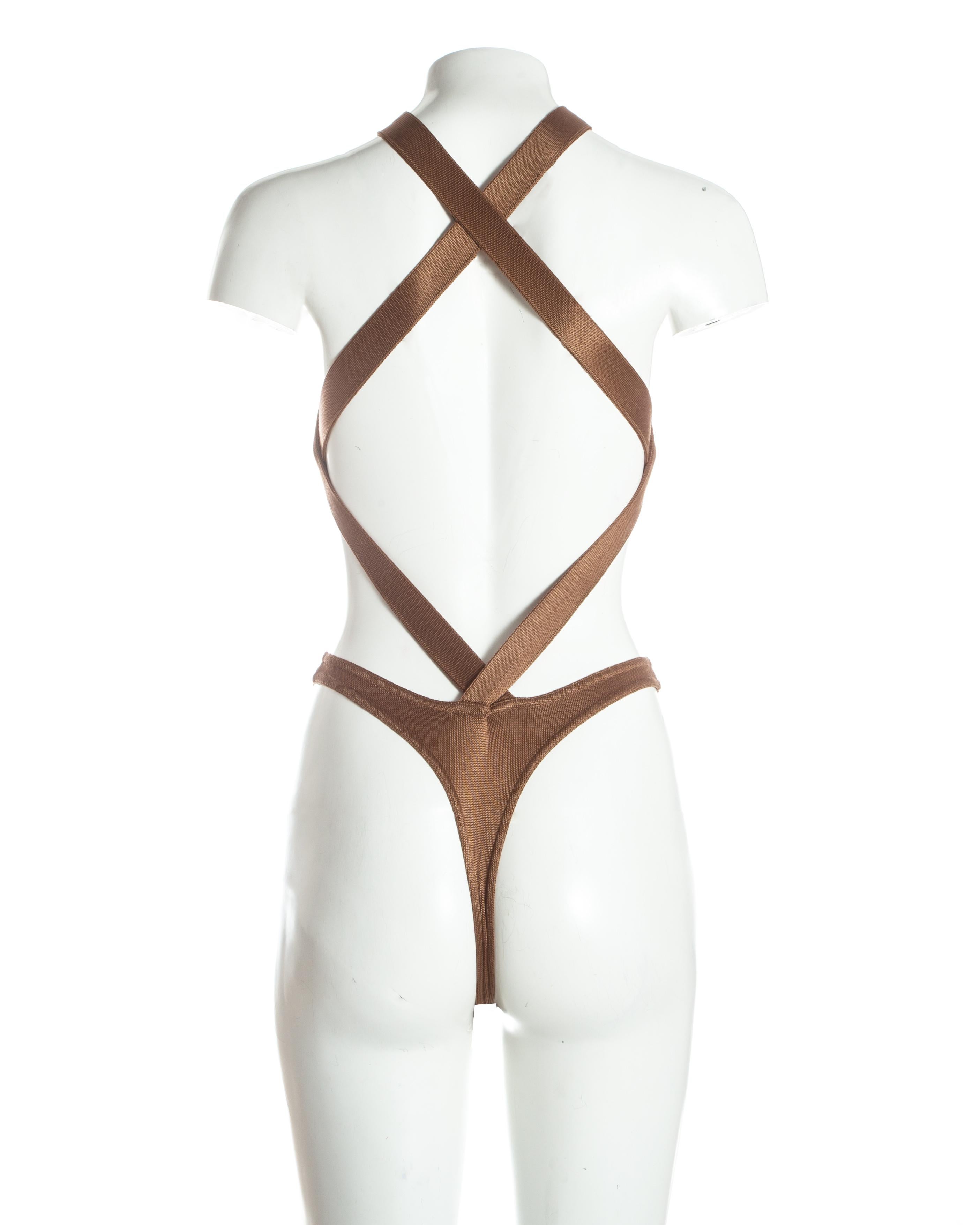 Azzedine Alaia bronze acetate knit bodysuit and lace up skirt ensemble, S/S 1986 2