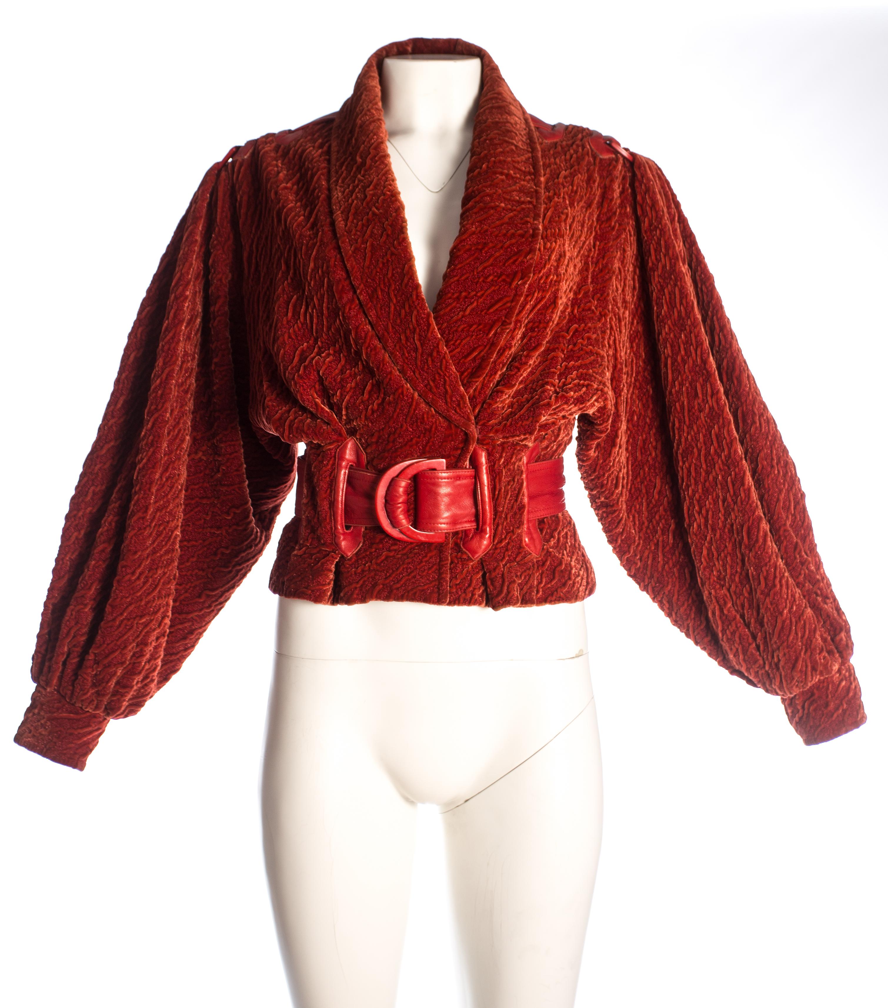 Women's or Men's Elizabeth Wessel red velvet and leather bomber jacket, c. 1980-1989 For Sale
