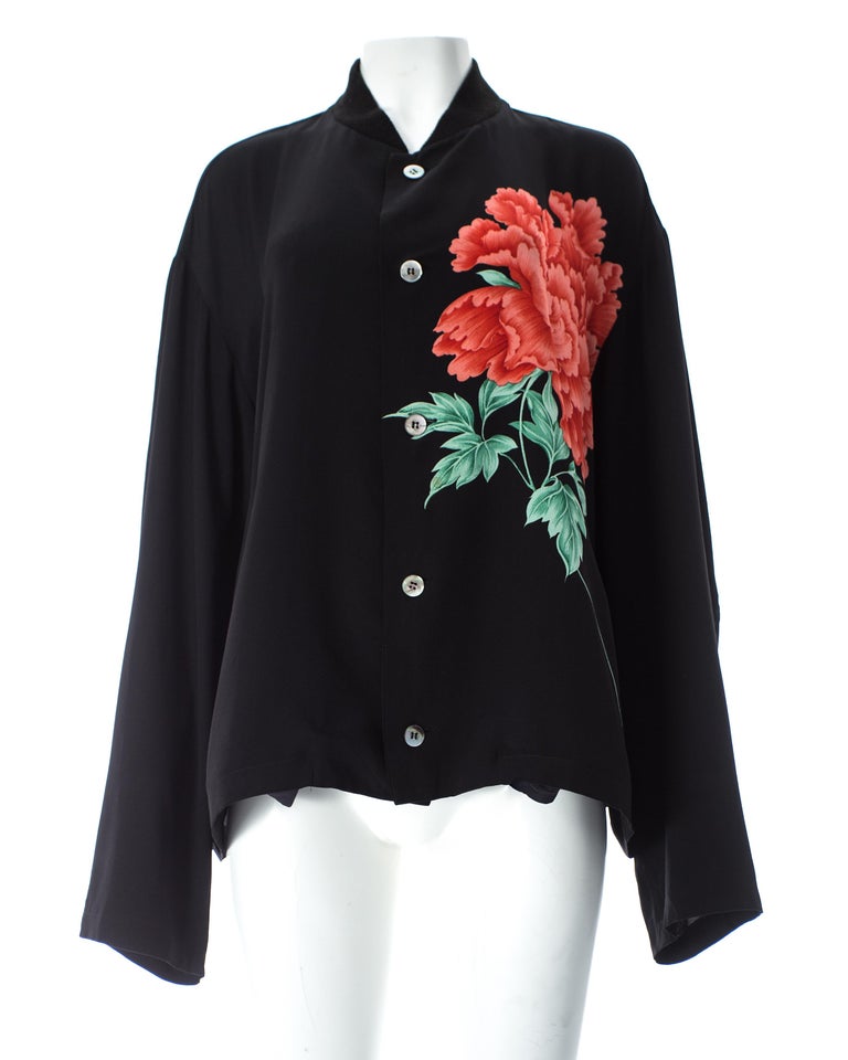 Yohji Yamamoto Pour Homme black loose cut shirt with red floral print ...