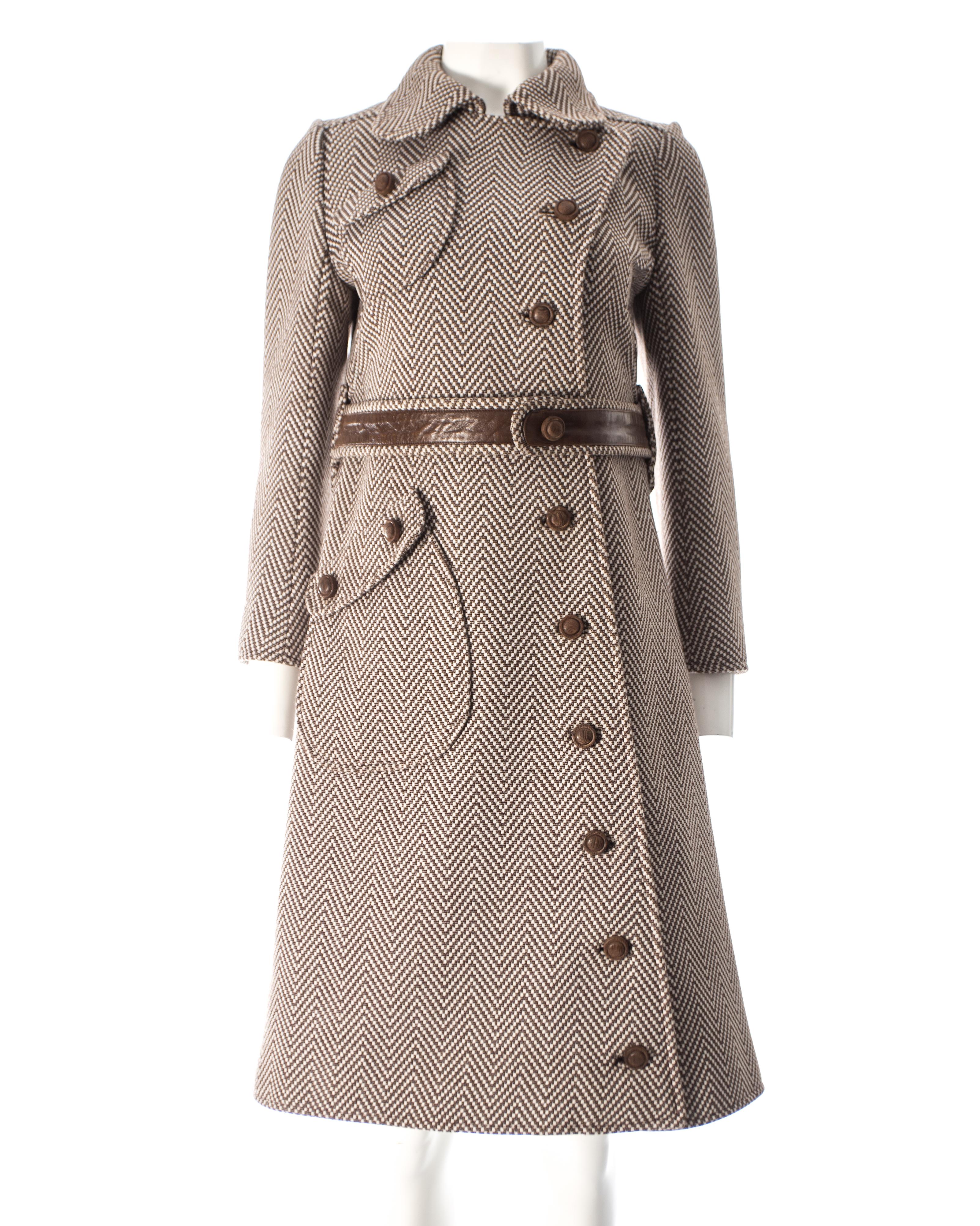 - Haute Couture 
- Large wooden buttons 
- Leather belt with matching wool backing and snap button closures 
- Silk lining 
- 2 front flap pockets 

c. 1969