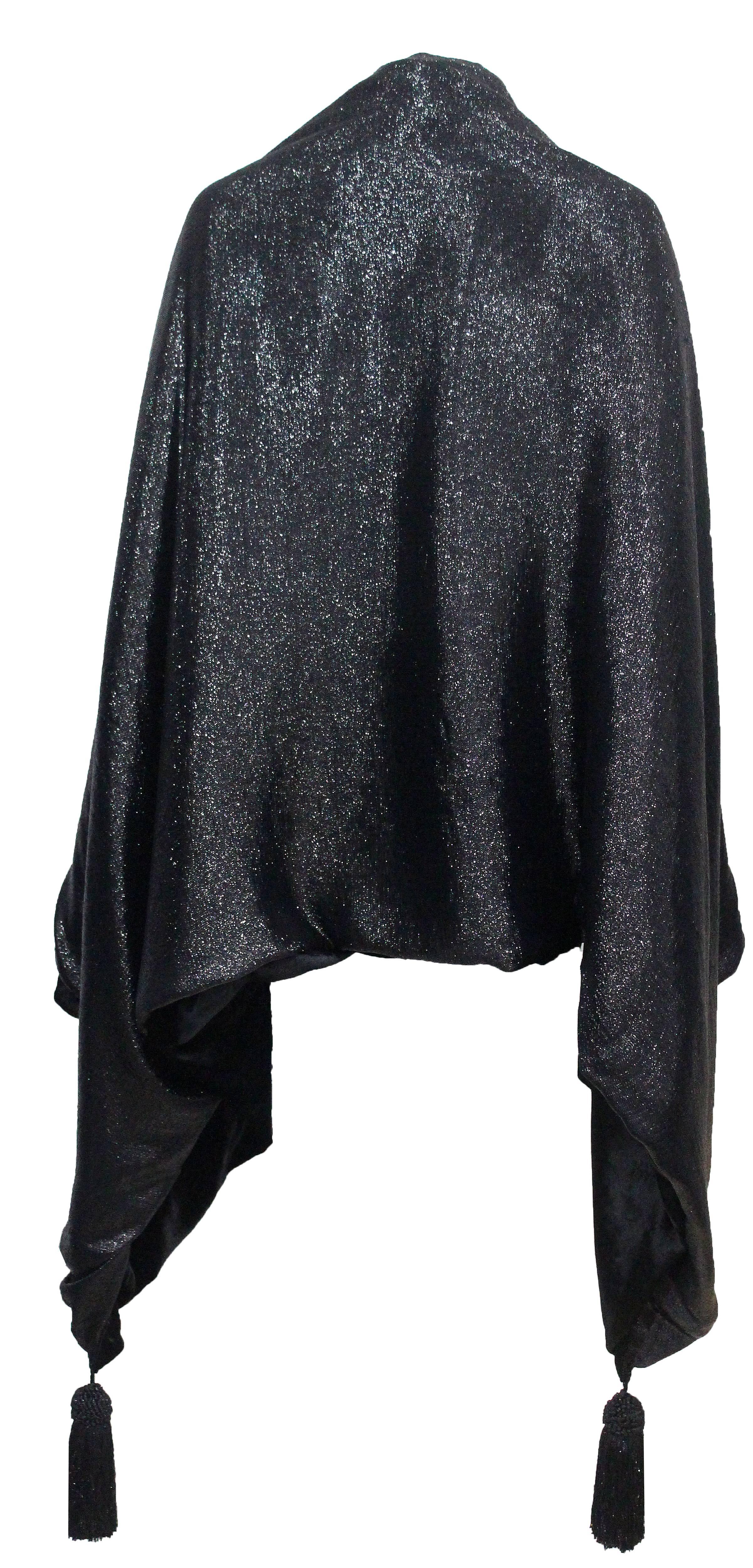 Black 1990s Gianfranco Ferre black velvet and lurex evening large shawl with tassels