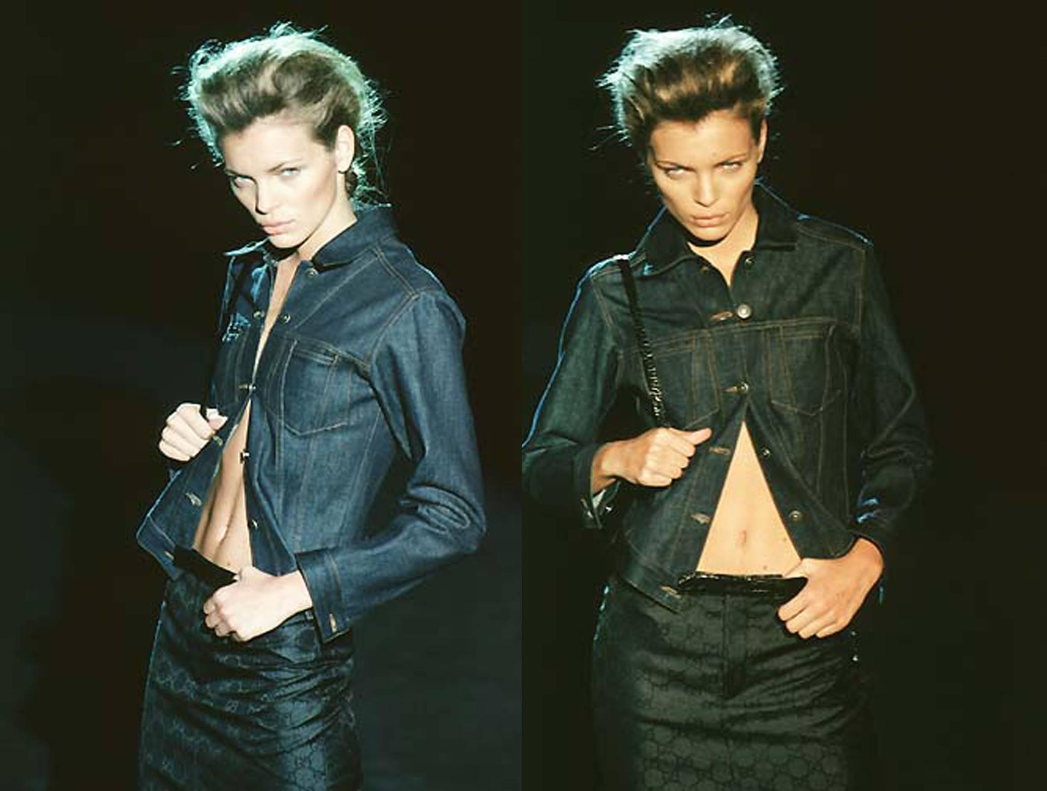 A rare Tom Ford for Gucci fitted denim jacket as seen on runway for the Spring/Summer 1998 collection shown in Milan. The denim jacket is made from 100% cotton and has metal 'Gucci' stamped buttons, 2 front pockets and signature green and red Gucci