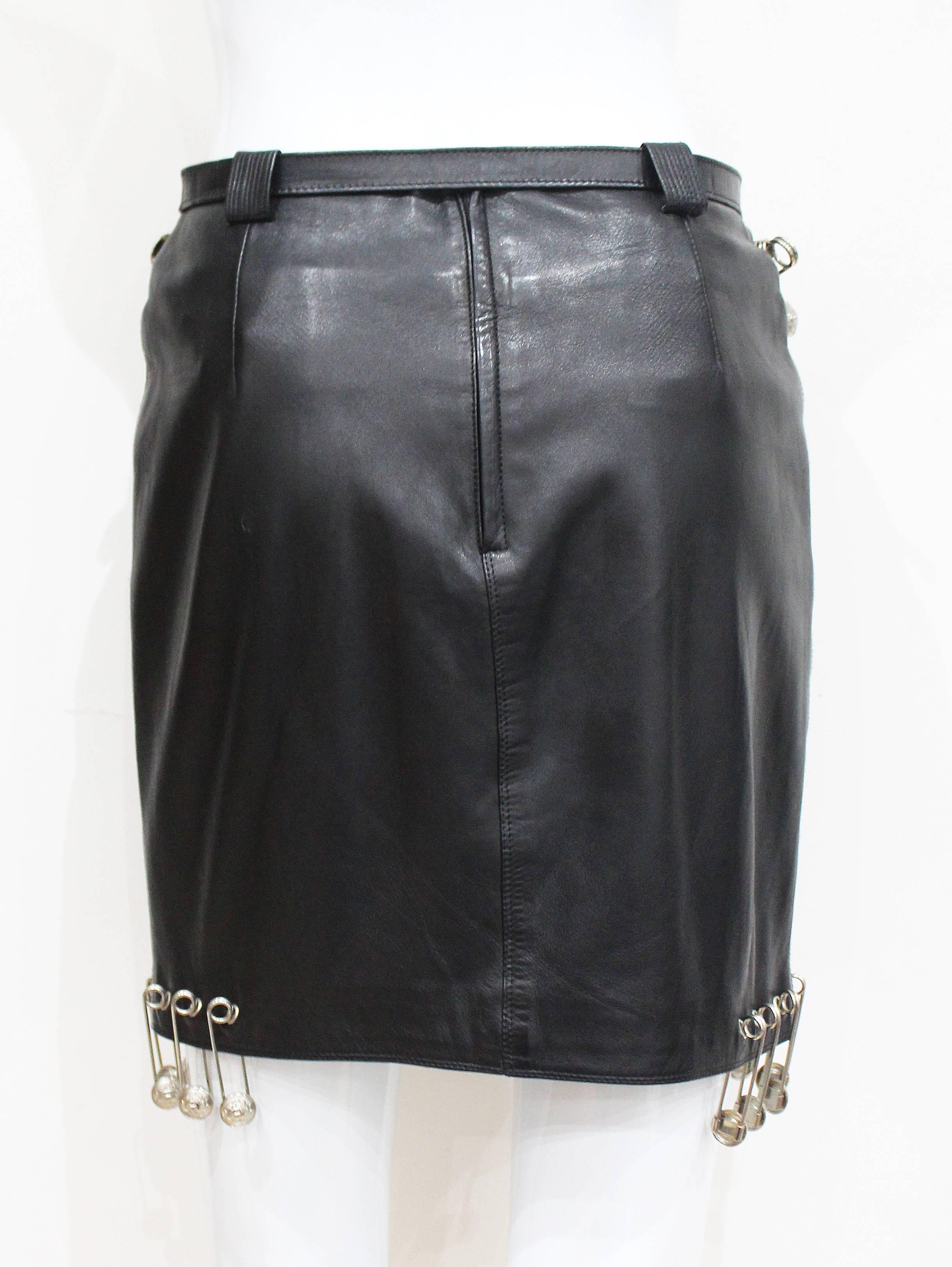 Black Important Gianni Versace safety pin leather mini skirt, Fall 1994