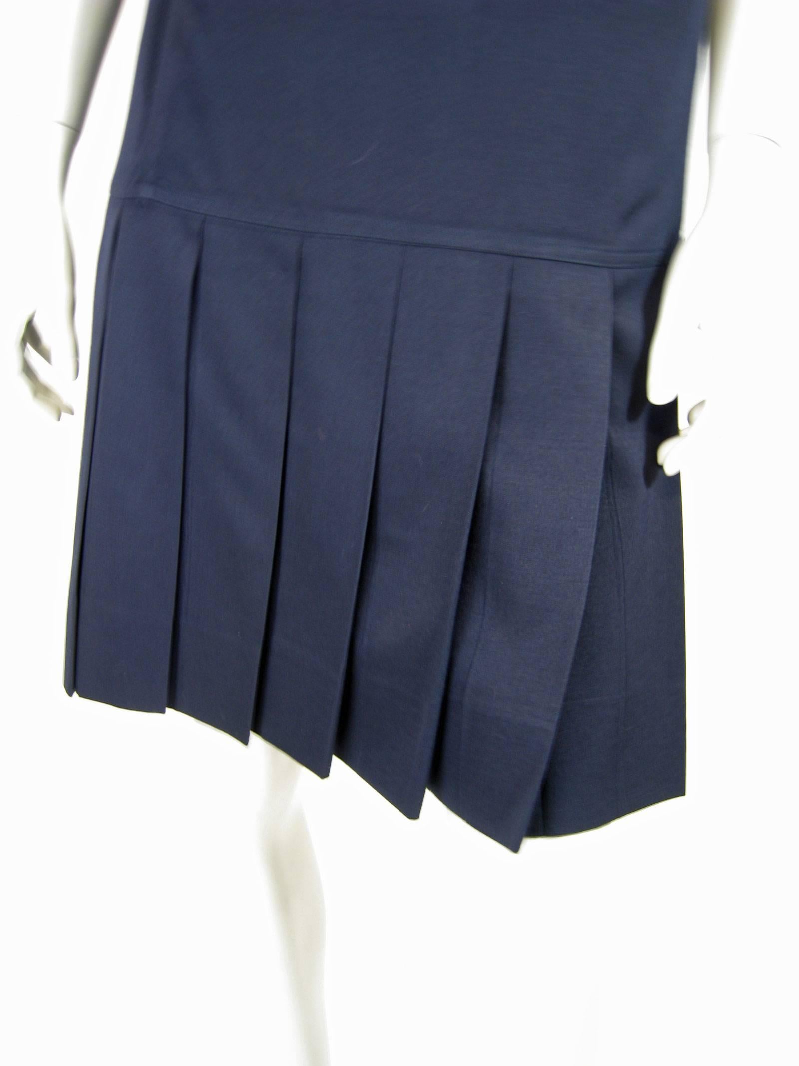 Courreges Navy Blue Drop Waist Pleated Dress In Excellent Condition In Oakland, CA