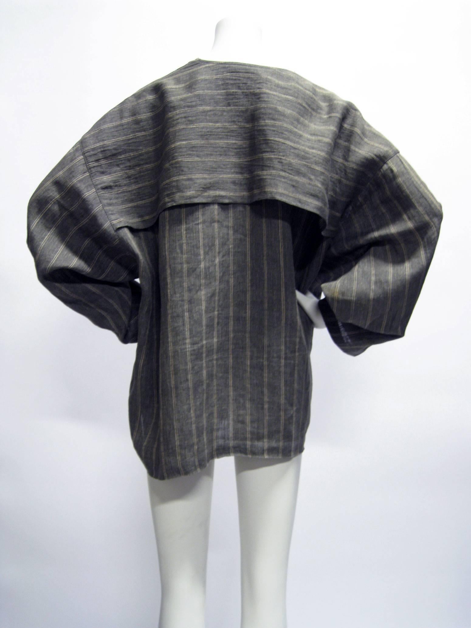 Women's or Men's Issey Miyake Linen Striped Draped Open Jacket