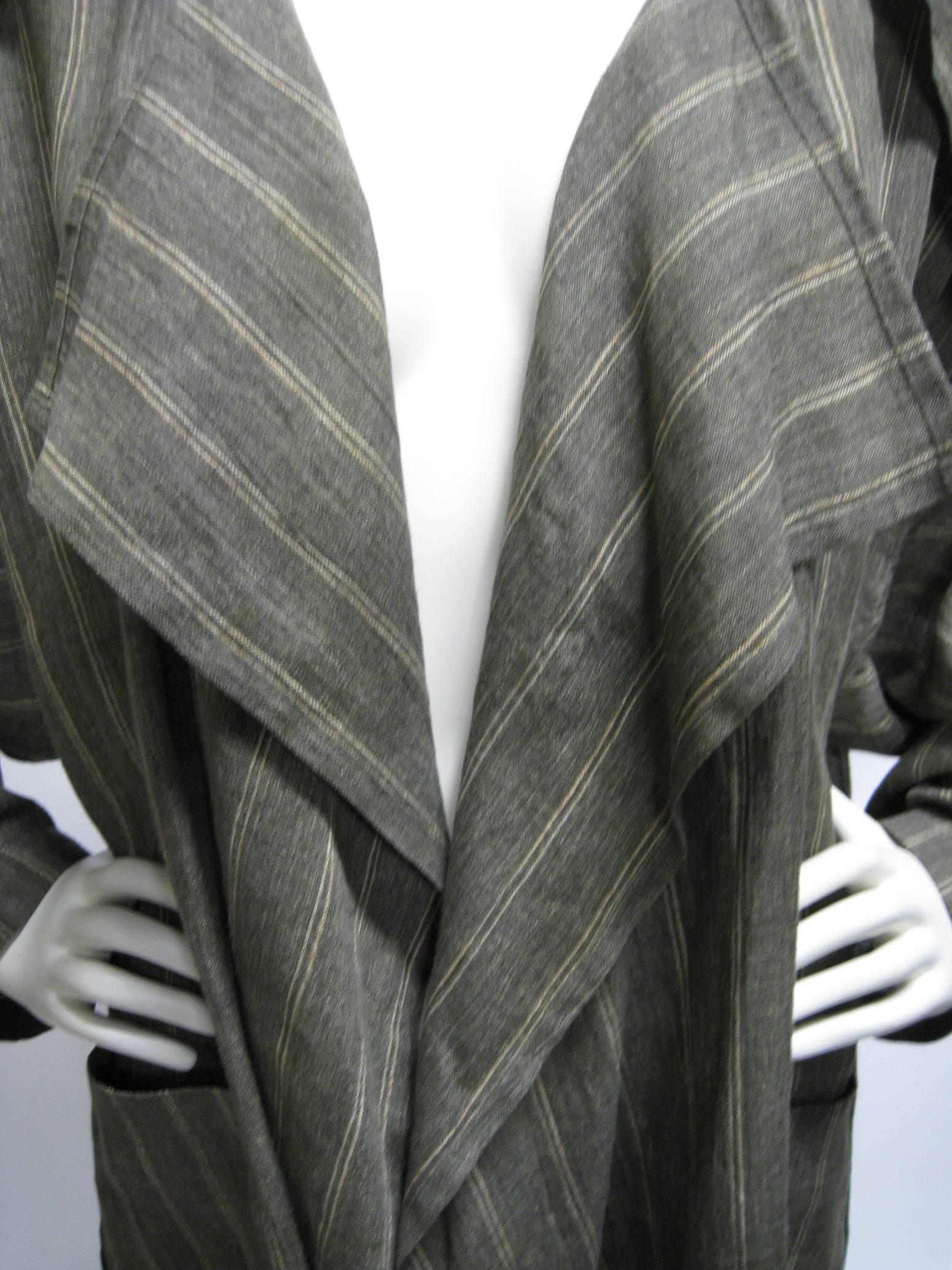 Black Issey Miyake Linen Striped Draped Open Jacket