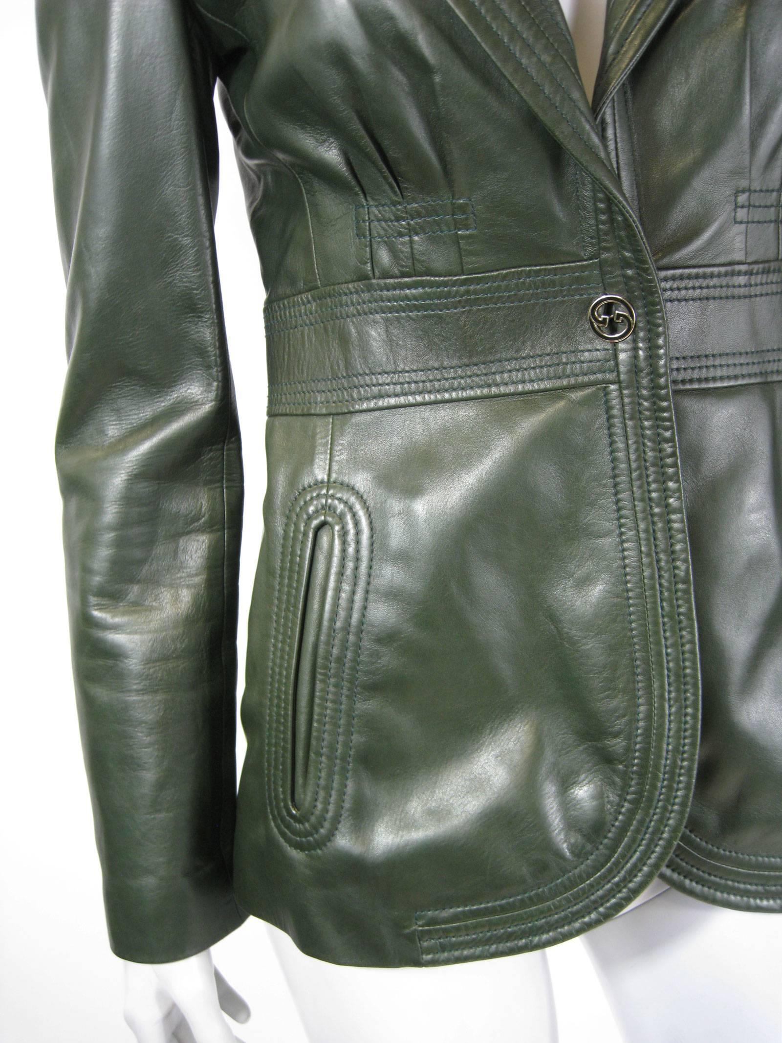 Black Gucci Forest Green Leather Jacket Size 40