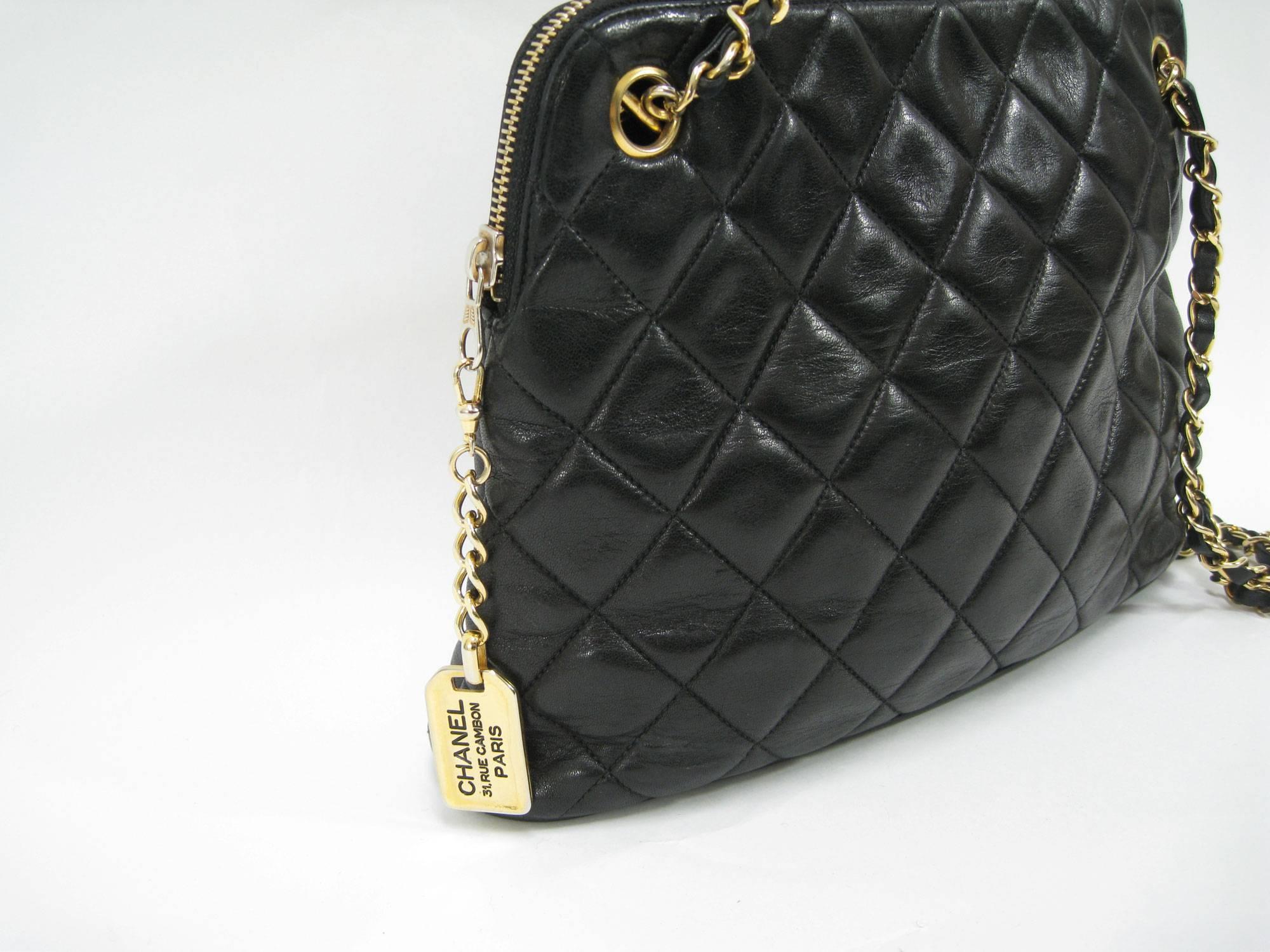 Chanel Black Quilted Medium Lambskin Leather Chain Handbag Purse 1