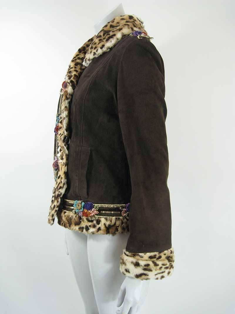 Black Blumarine Brown Suede Embellished Jacket Faux Leopard Lined