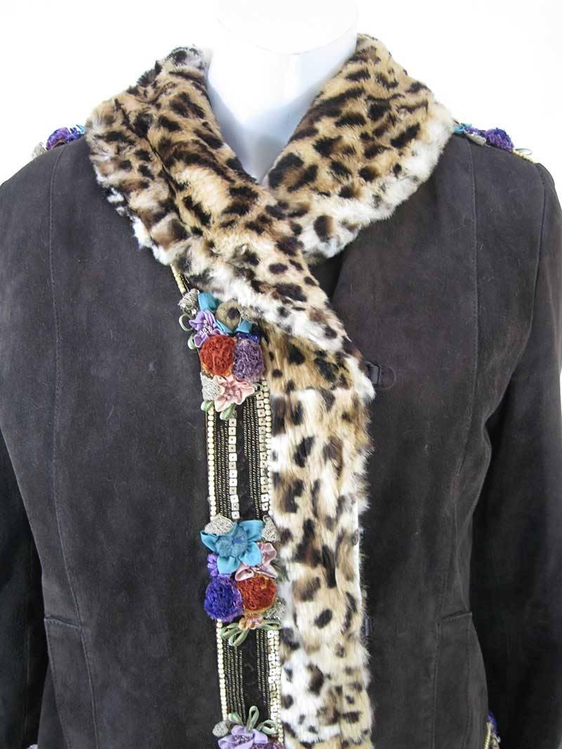 Blumarine Brown Suede Embellished Jacket Faux Leopard Lined In Excellent Condition In Oakland, CA