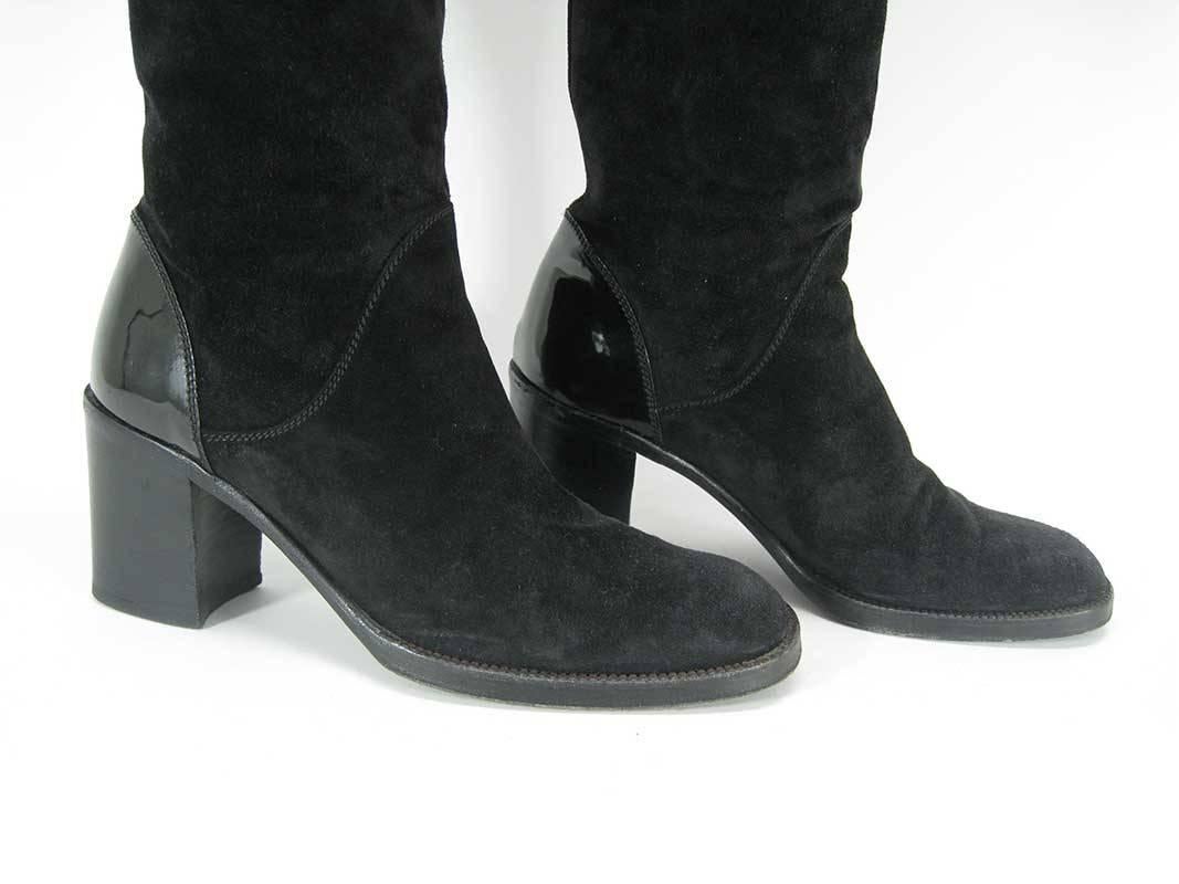 Chanel Tall Black Suede and Leather Block Heel Boots  In Good Condition In Oakland, CA