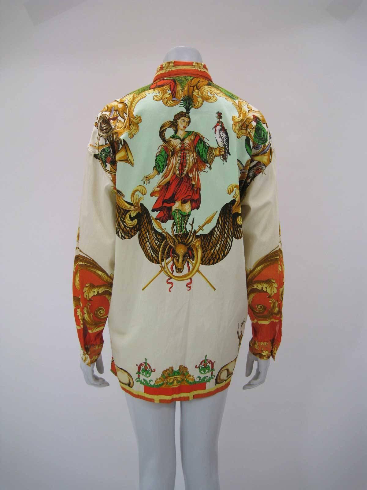 Versus Gianni Versace Baroque Printed Goddess Bird Motif Shirt In Excellent Condition In Oakland, CA