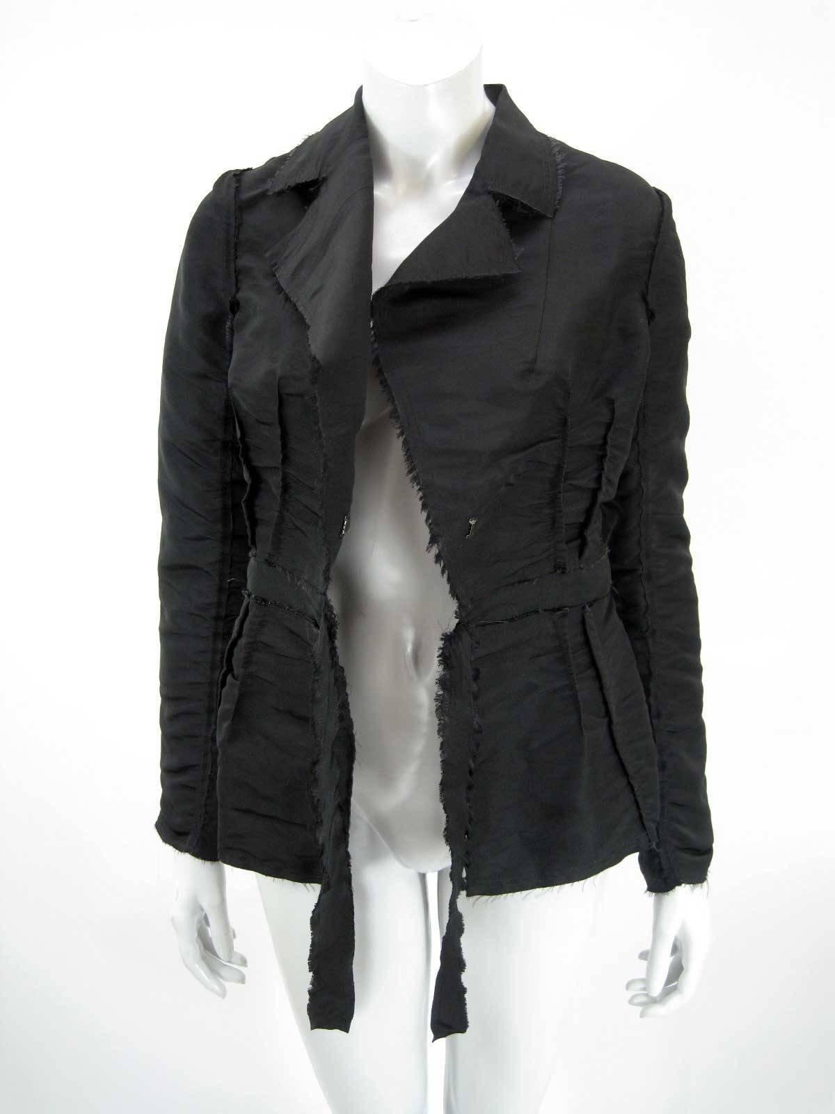 Black Lanvin 2005 Textured Taffeta Frayed Silk Wrap Jacket