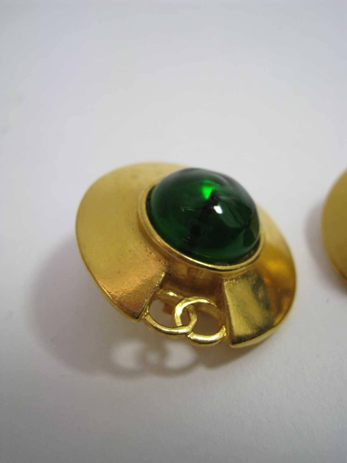 Contemporary Vintage Chanel CC Saucer Earrings w Green Glass 