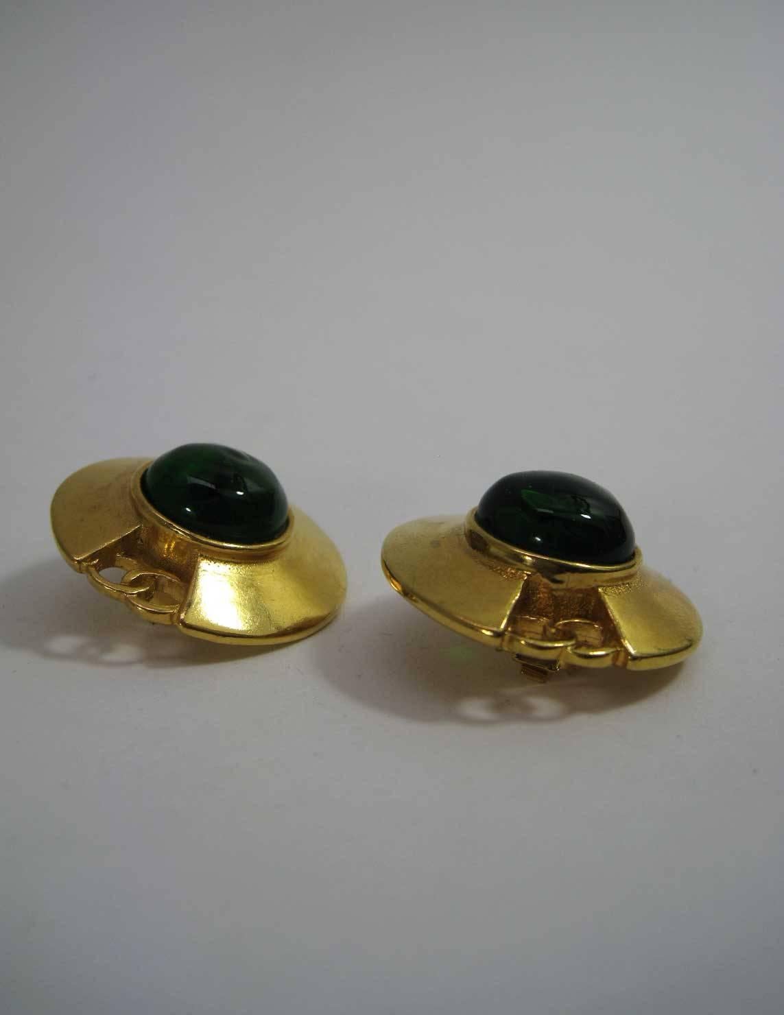 Vintage Chanel CC Saucer Earrings w Green Glass  1