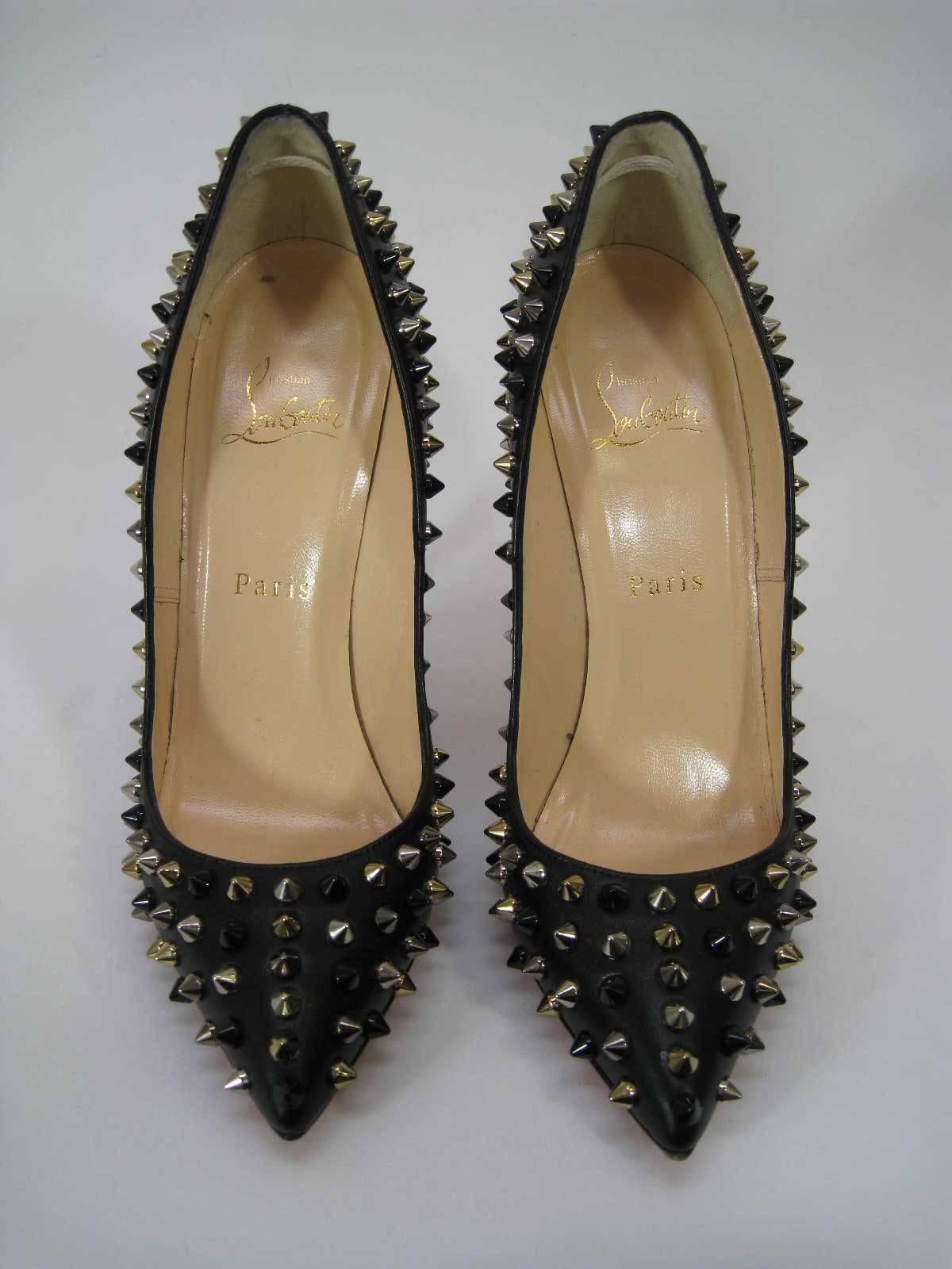 Iconic Louboutin studded high heels.

Style is Pigalle Spikes.

In original box with extra heel caps & spikes included.

Marked size 37.5.

Heel is 5