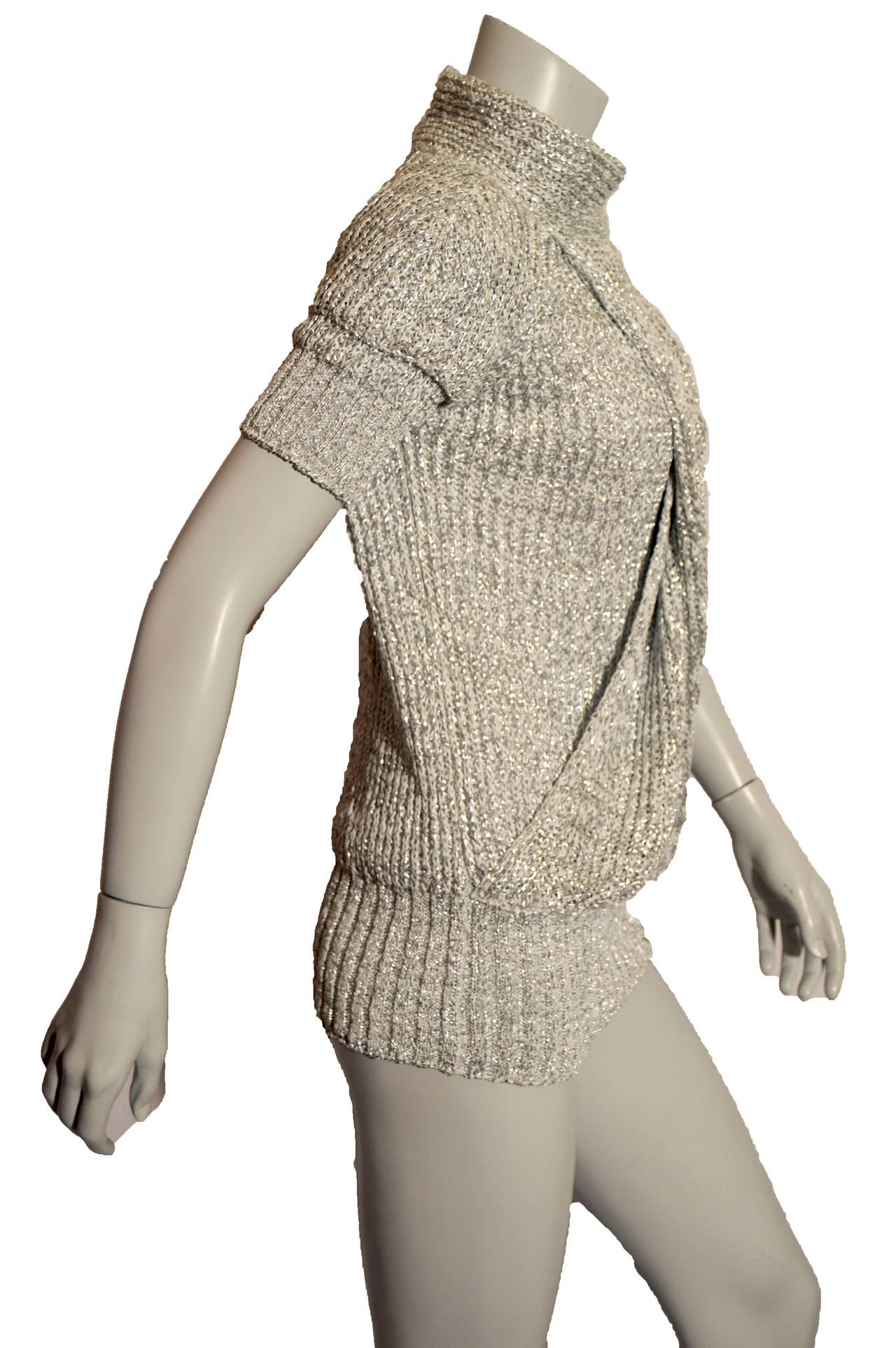 Chanel Metallic Silver Turtleneck Sweat with Wrap Detail In Excellent Condition In Oakland, CA