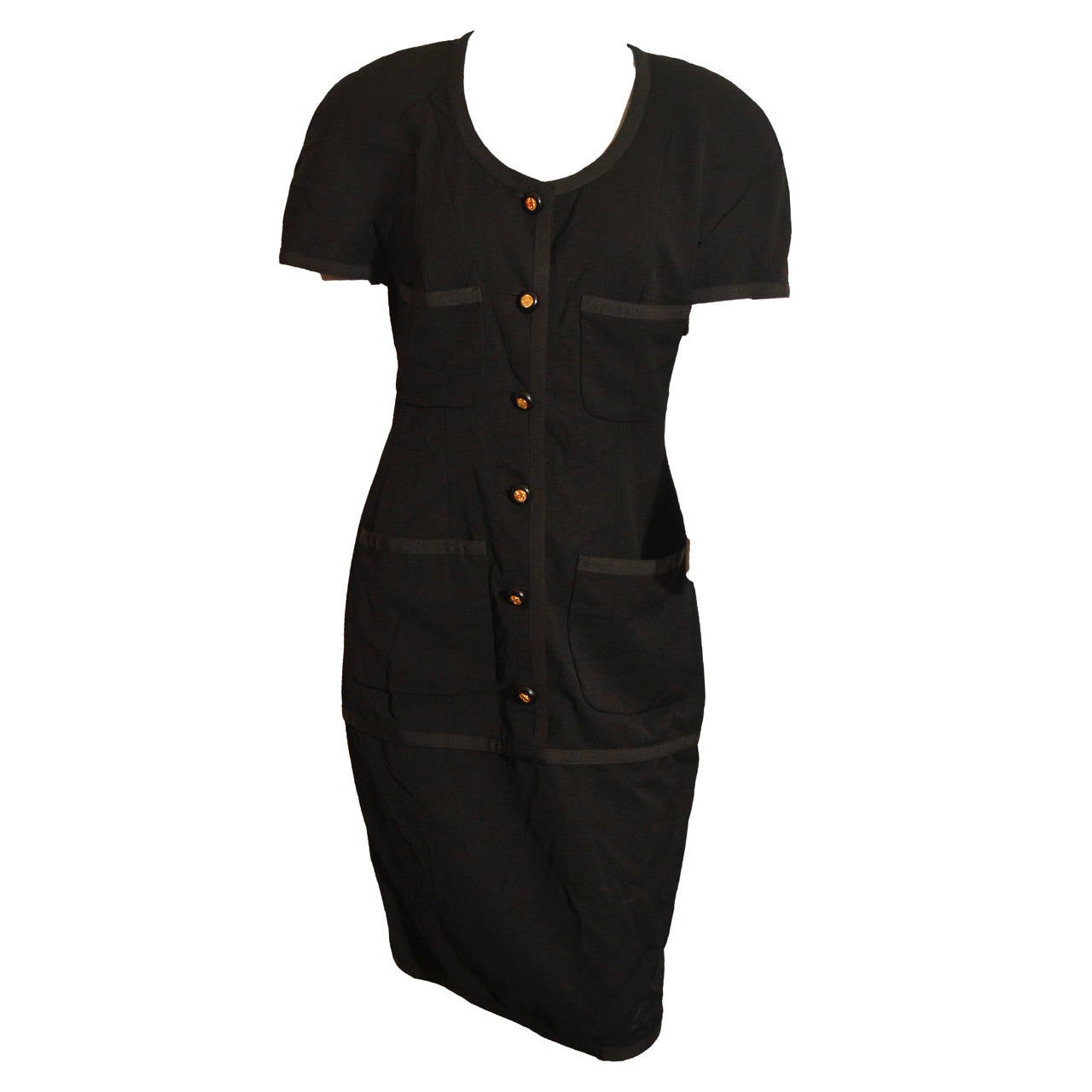 Chanel Vintage Black Wool Dress with Logo Buttons For Sale at 1stdibs