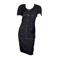 Chanel Vintage Black Wool Dress with Logo Buttons