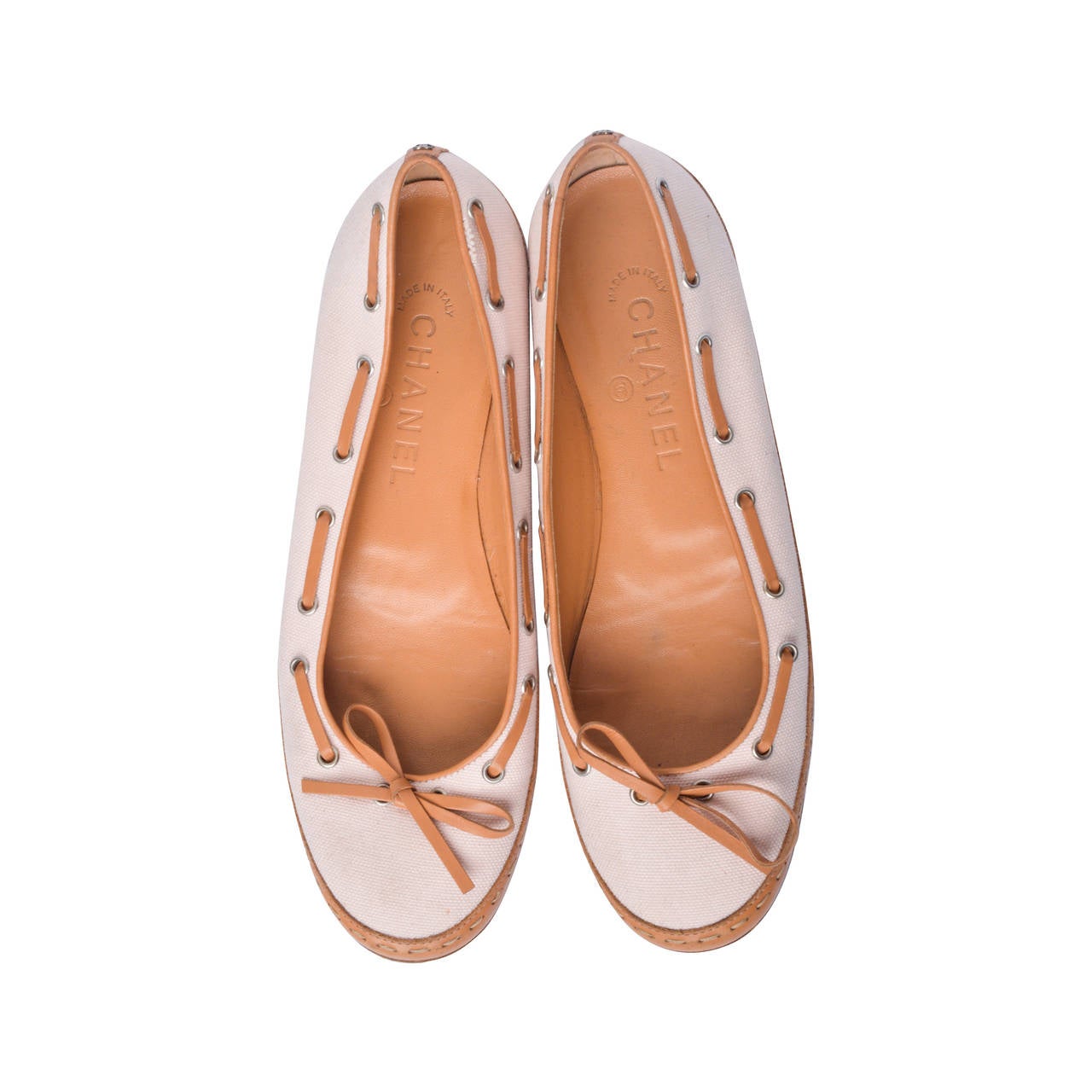 Chanel Pink & Tan Canvas & Leather Ballet Flats Size 37