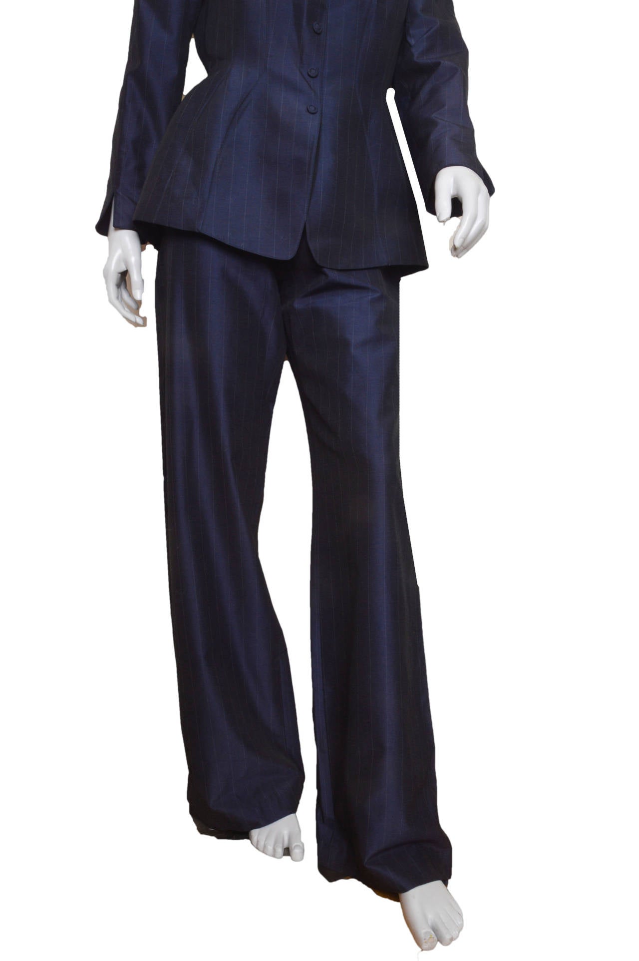 Thierry Mugler Bib Navy Pinstripe Avant Garde Pant Suit In Excellent Condition In Oakland, CA