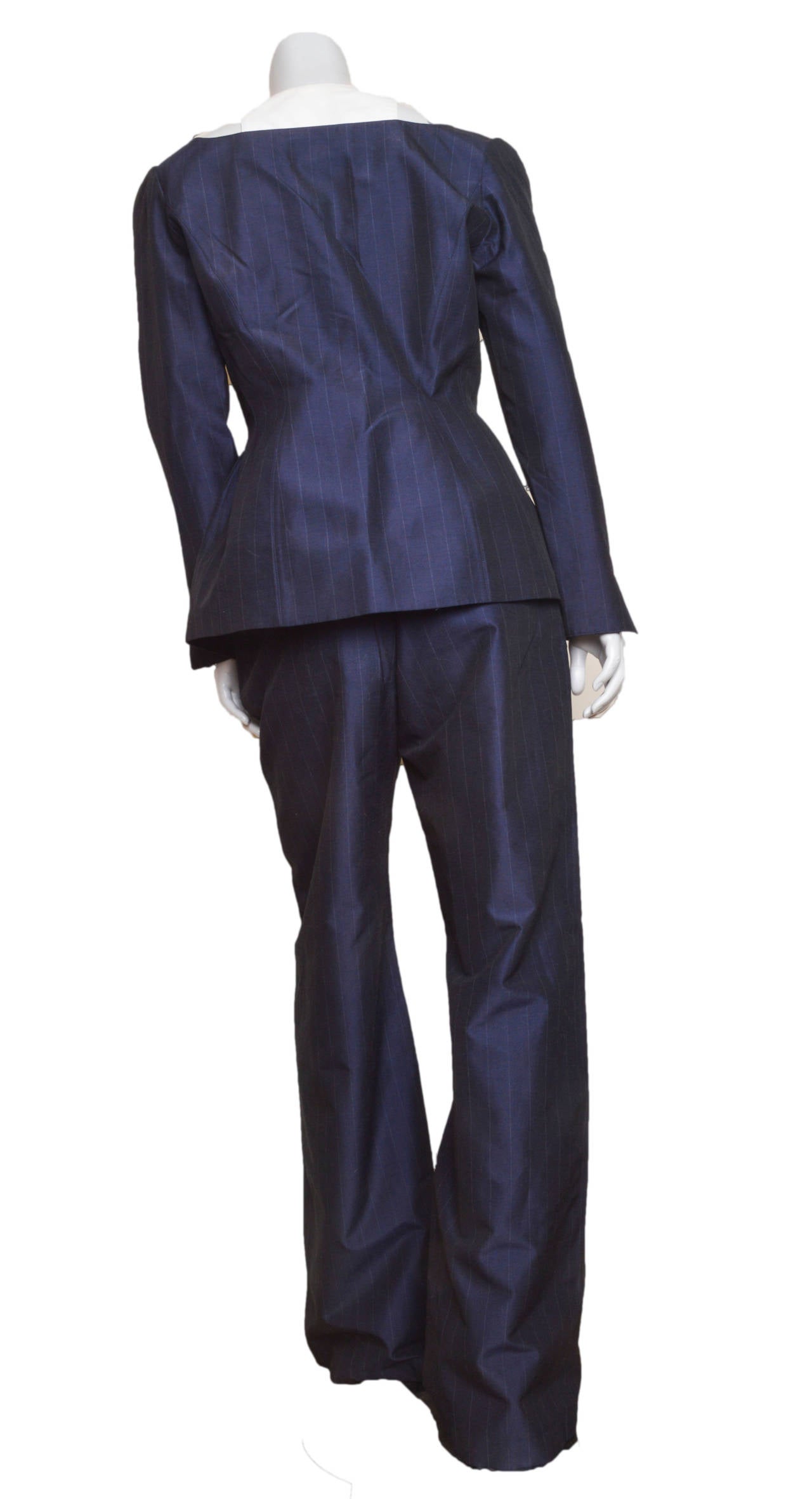 Women's Thierry Mugler Bib Navy Pinstripe Avant Garde Pant Suit