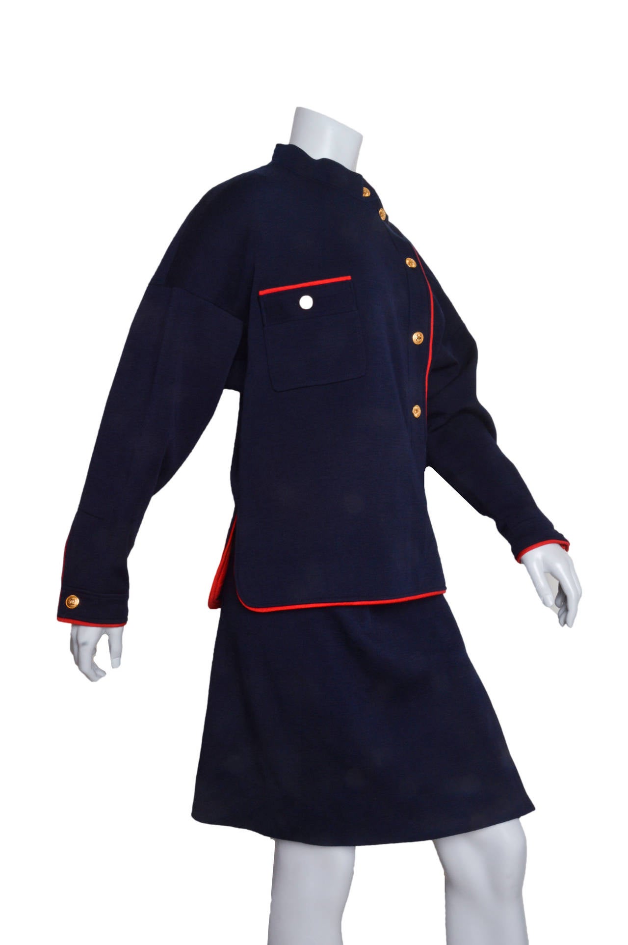 Chanel Navy Blue Military Inspired Knit Suit In Excellent Condition In Oakland, CA