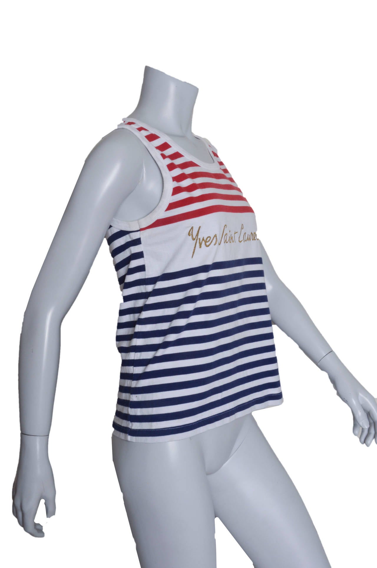 Whimsical vintage Yves Saint Laurent Variation tank top.
Red, white and blue stripes.
Gold embroidered 