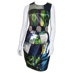 Etro Geometric Print Satin Dress with Medallion Belt