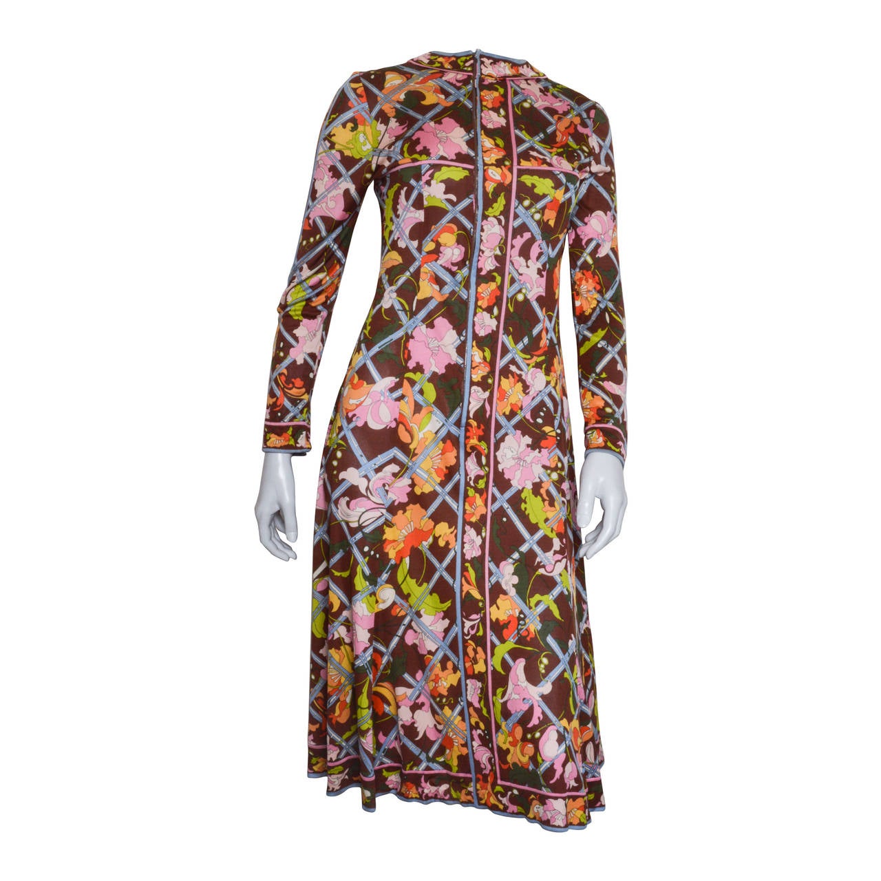 Emilio Pucci Brown Floral Print Silk Dress For Sale