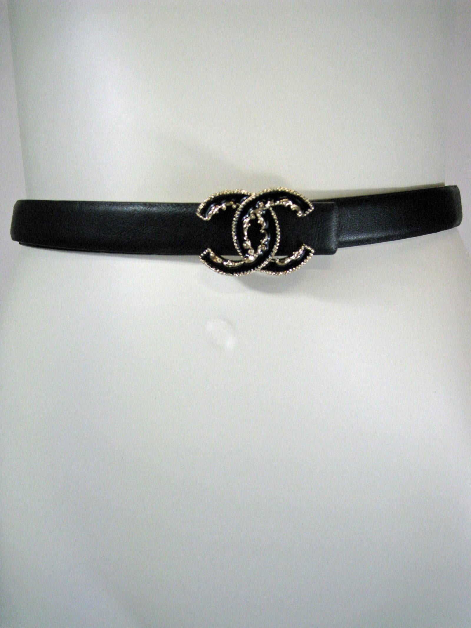 Chanel Skinny Schwarz Leder Cc Logo Gürtel Damen