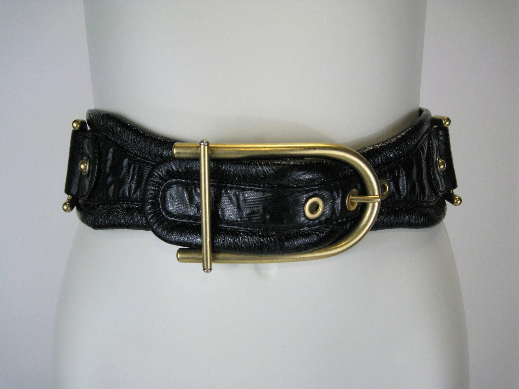 Stella McCartney Wide Embossed Black Leather Belt  In Excellent Condition In Oakland, CA