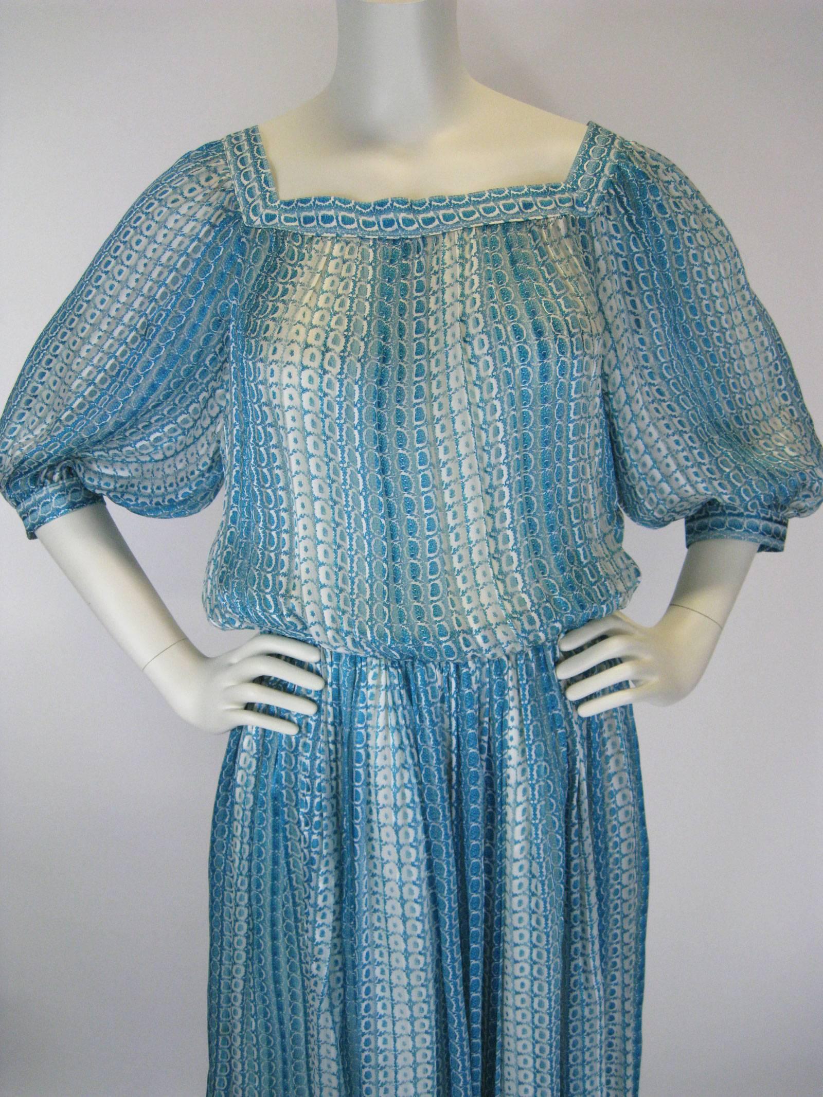 Blue Jean Patou Silk Chiffon Print Dress For Sale