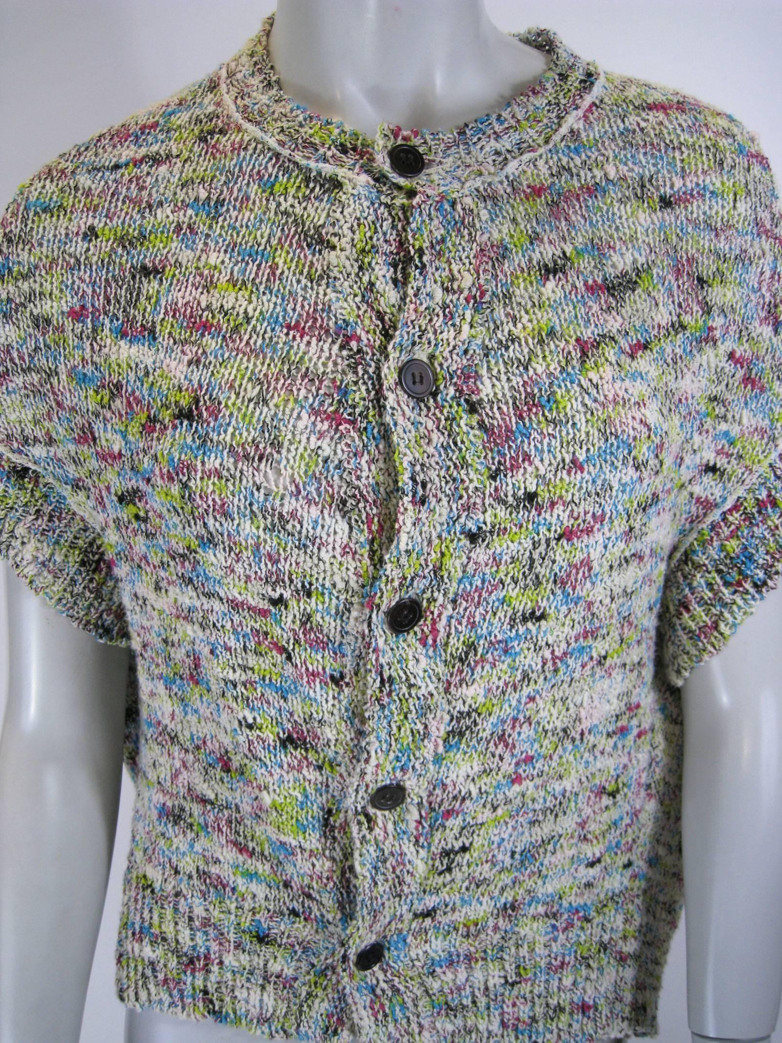 Colorful Y's cardigan.
Marled knit.
Cacoon shape.
Draped back that's slightly longer.
Ribbed knit neck, cuff and hem.
5 button closure.
Tagged a size 2 (Japan).

Bust: 40