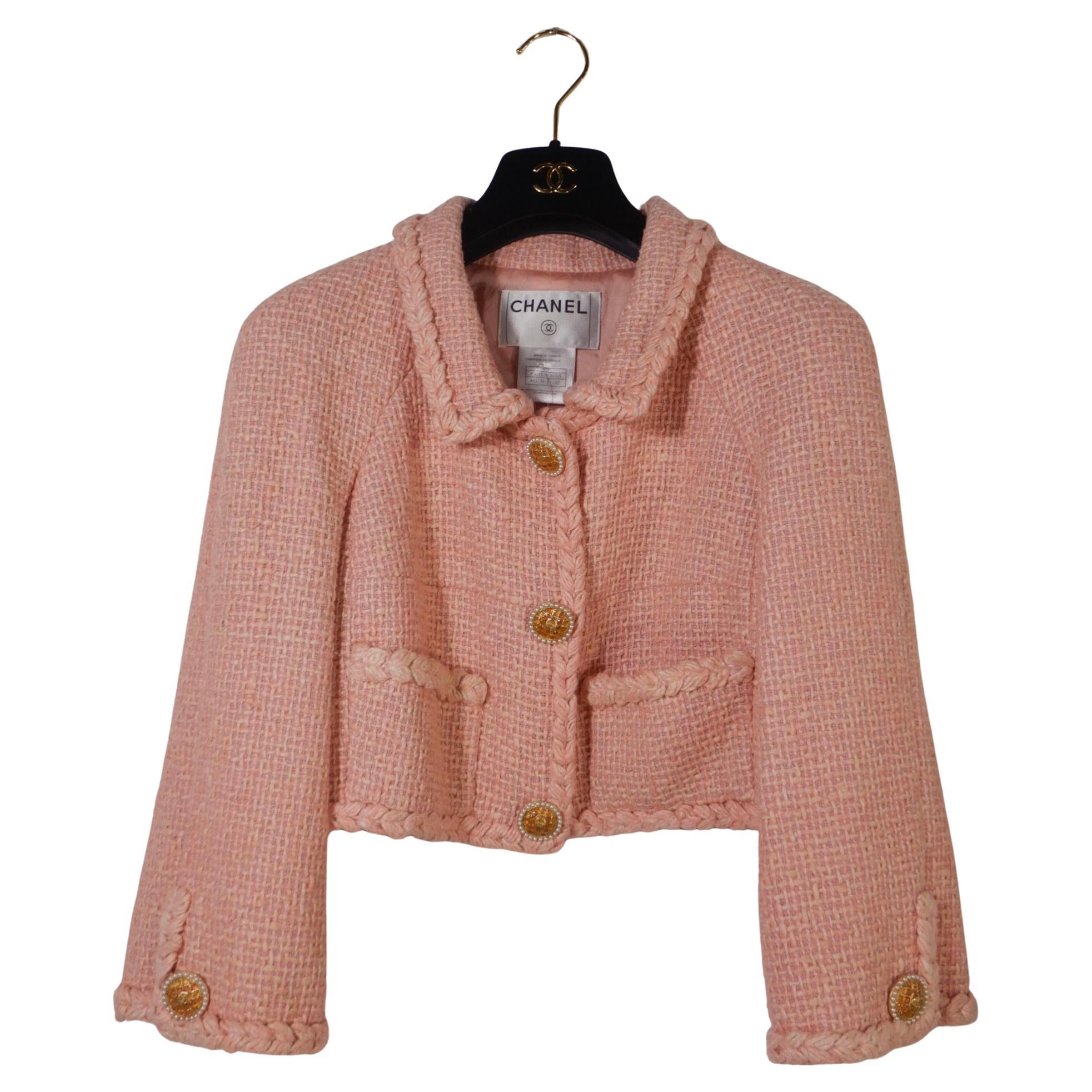 Chanel 07A Fall 2007 Pink Silk Tweed Crop Jacket For Sale